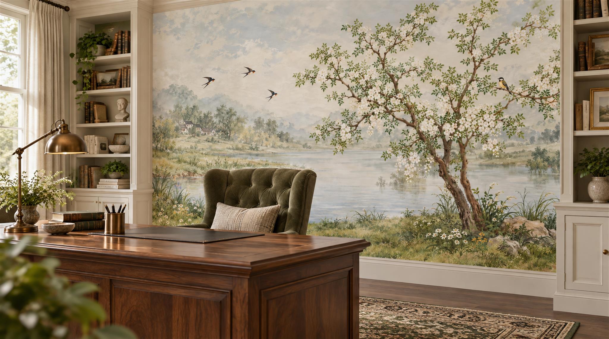 Sage Green And Neutral Abstract Forms Wallpaper Layered Wallpaper Office-wallpaper-murals, Shown In A Home Office, Peel-and-stick Finish