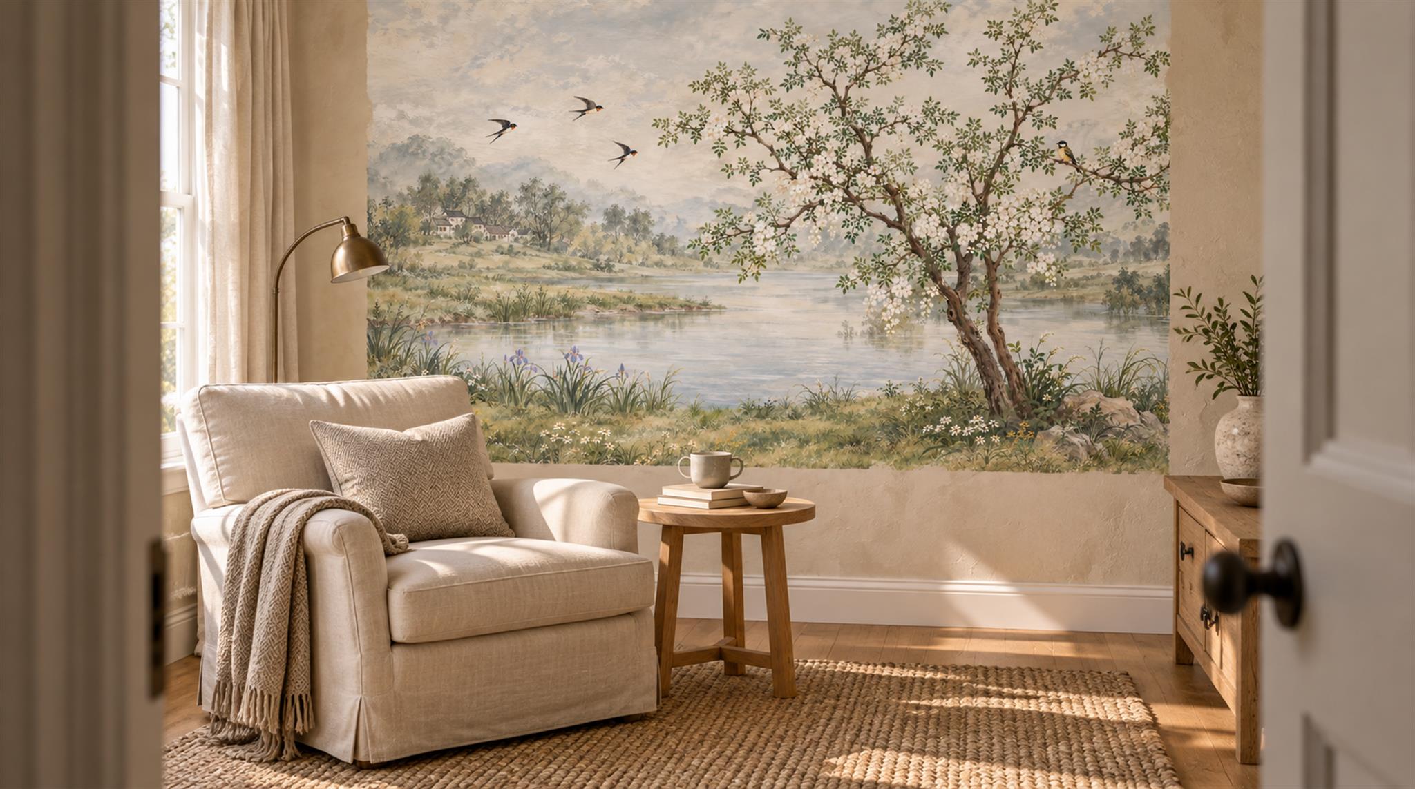 Sage Green And Neutral Abstract Forms Wallpaper Layered Wallpaper Accent-wall-wallpaper-murals, Peel-and-stick Finish