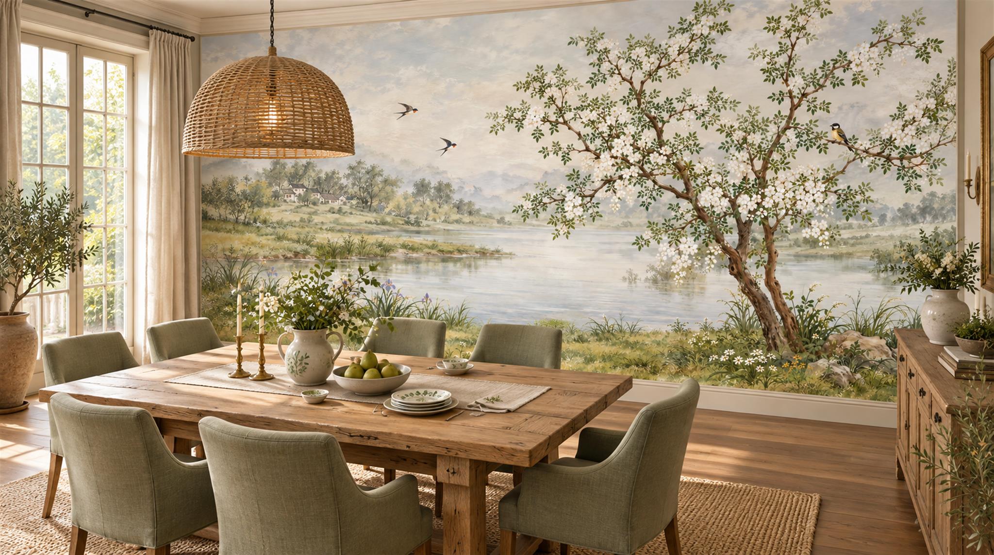 Sage Green And Neutral Abstract Forms Wallpaper Layered Wallpaper Accent-wall-wallpaper-murals, Peel-and-stick Finish