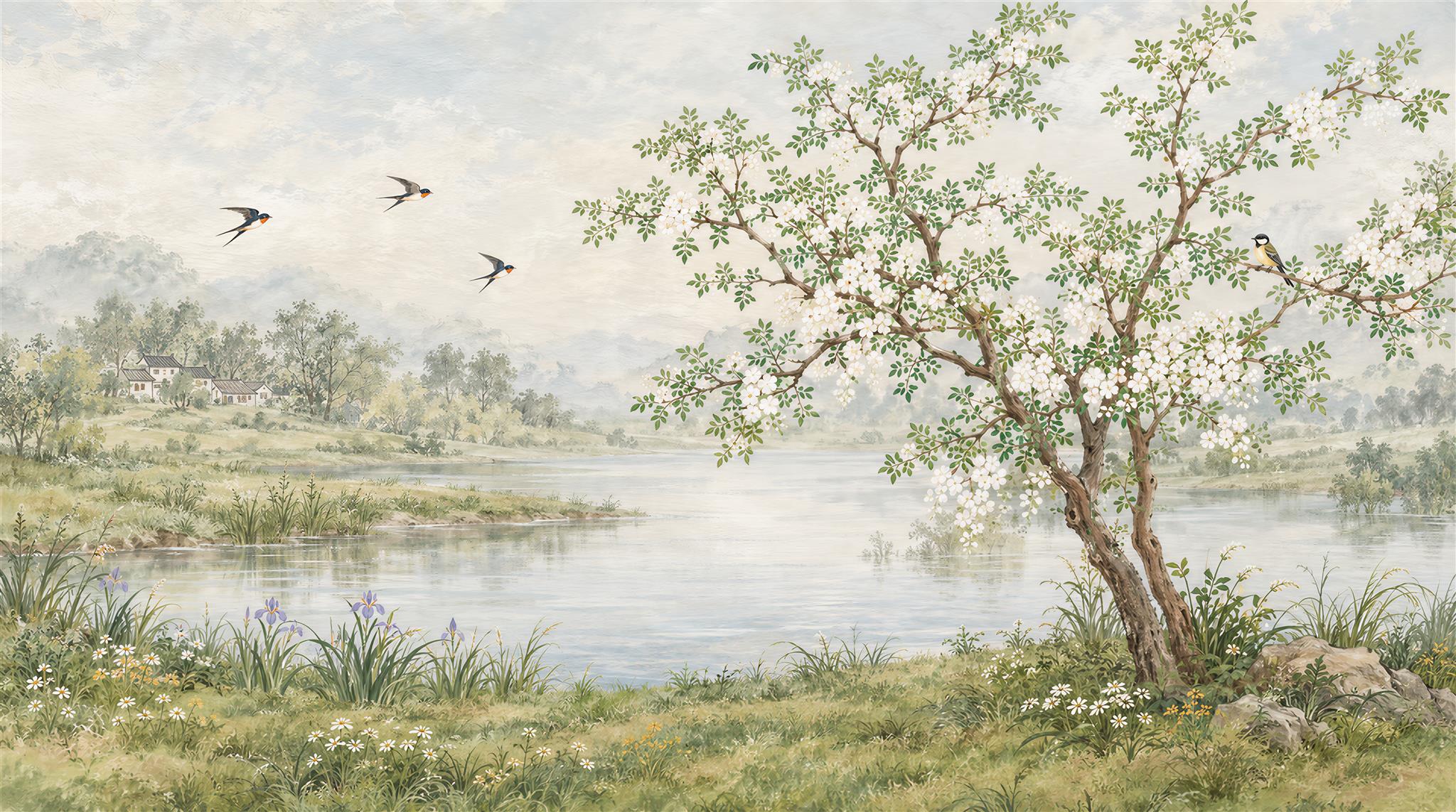 White Blossom Tree Beside A Riverside Meadow Wallpaper Mural — Wallpaper Mural Design, Peel-and-stick Finish