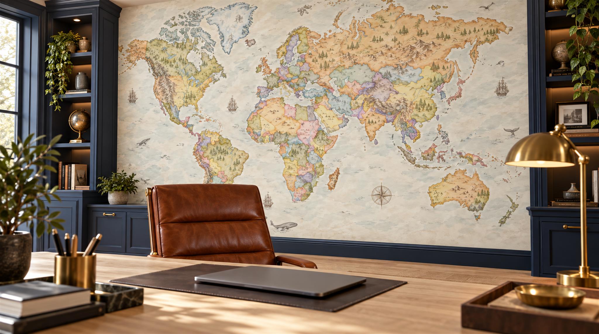 Cream And Neutral Abstract Forms Wallpaper Mural Office-wallpaper-murals, Shown In A Home Office, Peel-and-stick Finish