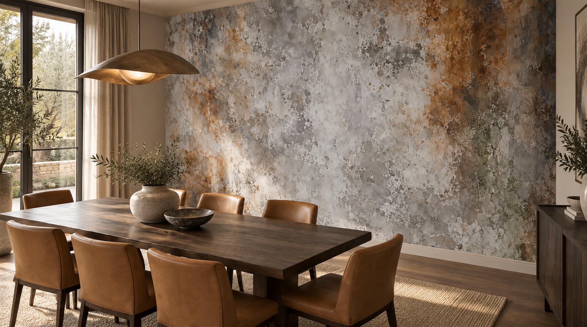 Grey And Neutral Stone Texture Wallpaper Mural Dining-room-wallpaper-murals, Shown In A Dining Room, Peel-and-stick Finish