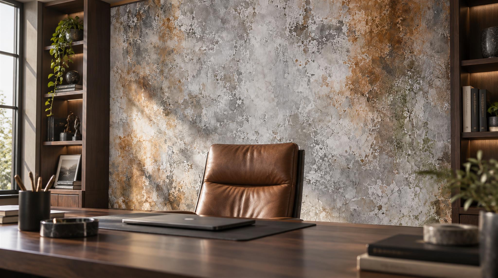 Grey And Neutral Stone Texture Wallpaper Mural Office-wallpaper-murals, Shown In A Home Office, Peel-and-stick Finish
