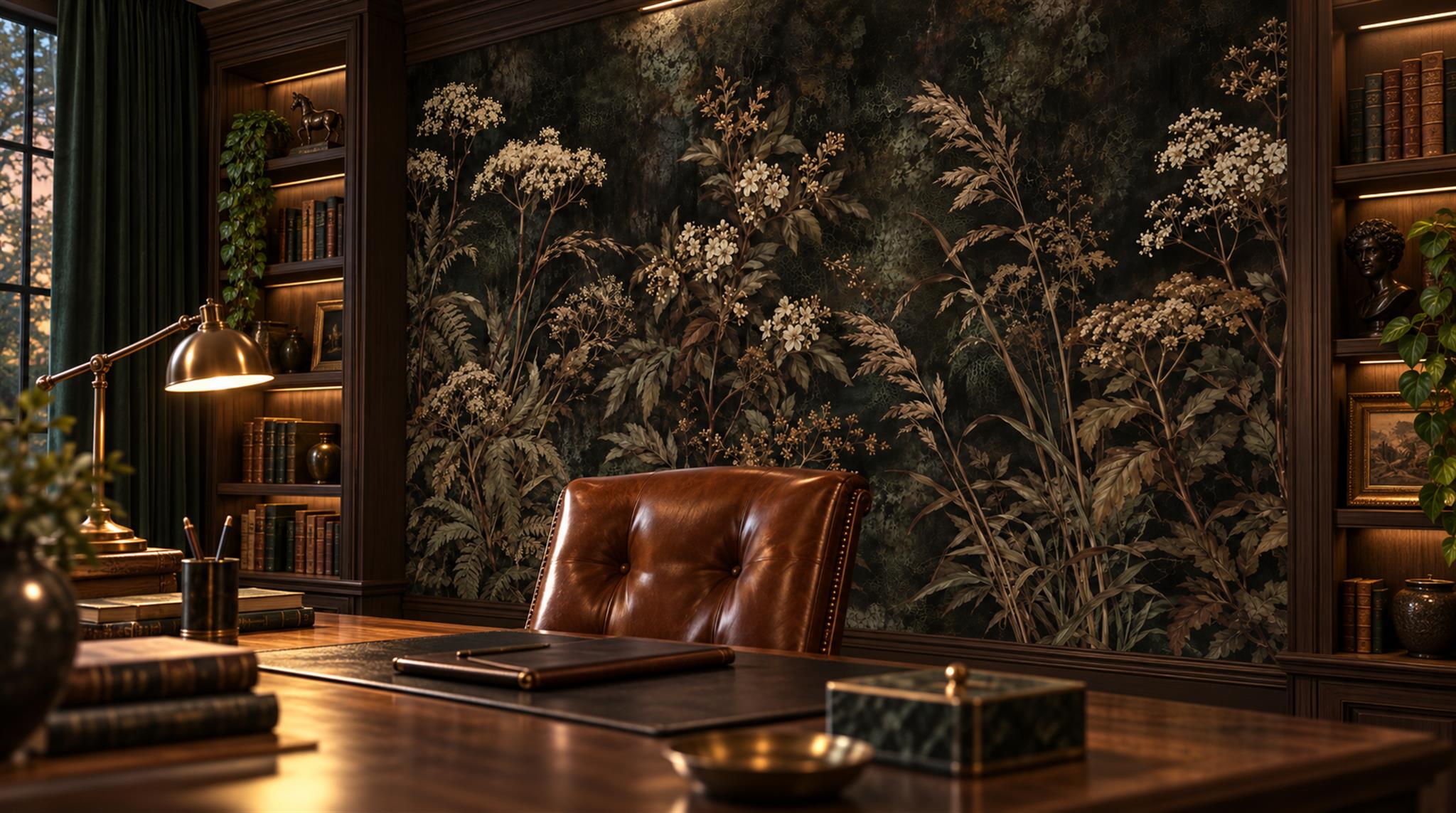 Neutral Leaf Patterning Wallpaper Mural Office-wallpaper-murals, Shown In A Home Office, Peel-and-stick Finish