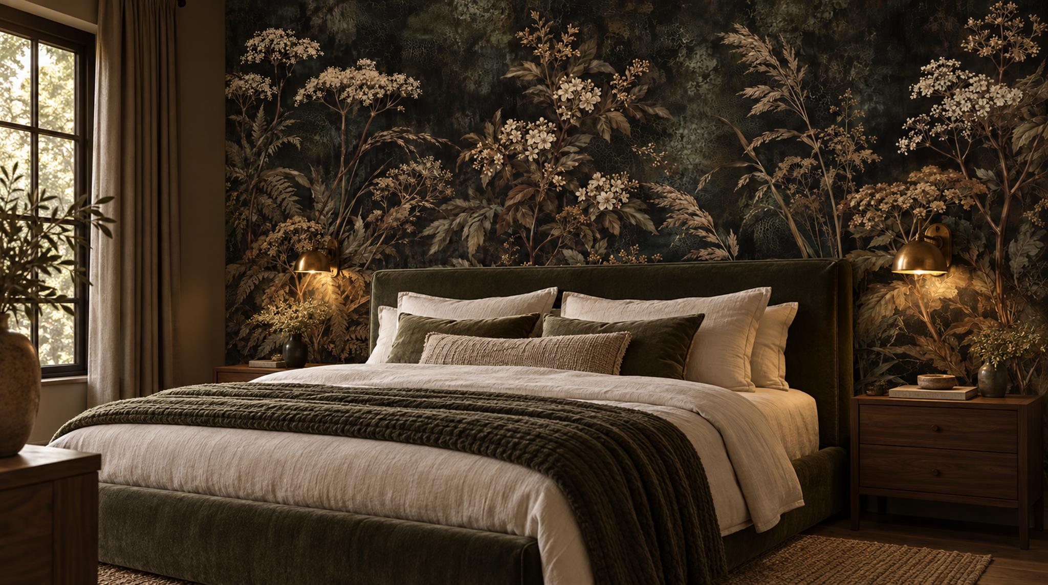 Neutral Leaf Patterning Wallpaper Mural, Peel-and-stick Finish