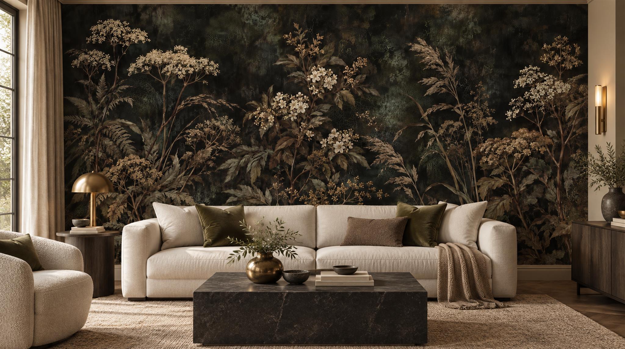Neutral Leaf Patterning Wallpaper Mural Living-room-wallpaper-murals, Shown In A Living Room, Peel-and-stick Finish