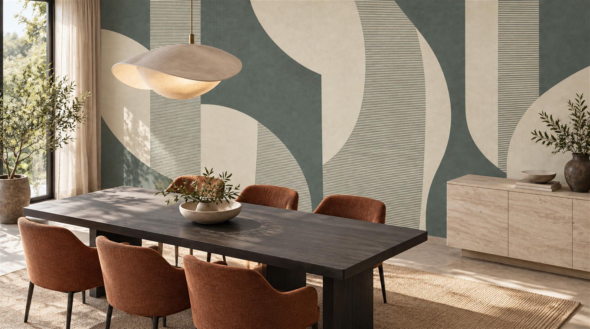 Sage And Cream Abstract Arch Geometry Wallpaper Mural — Wallpaper Mural Design, Peel-and-stick Finish