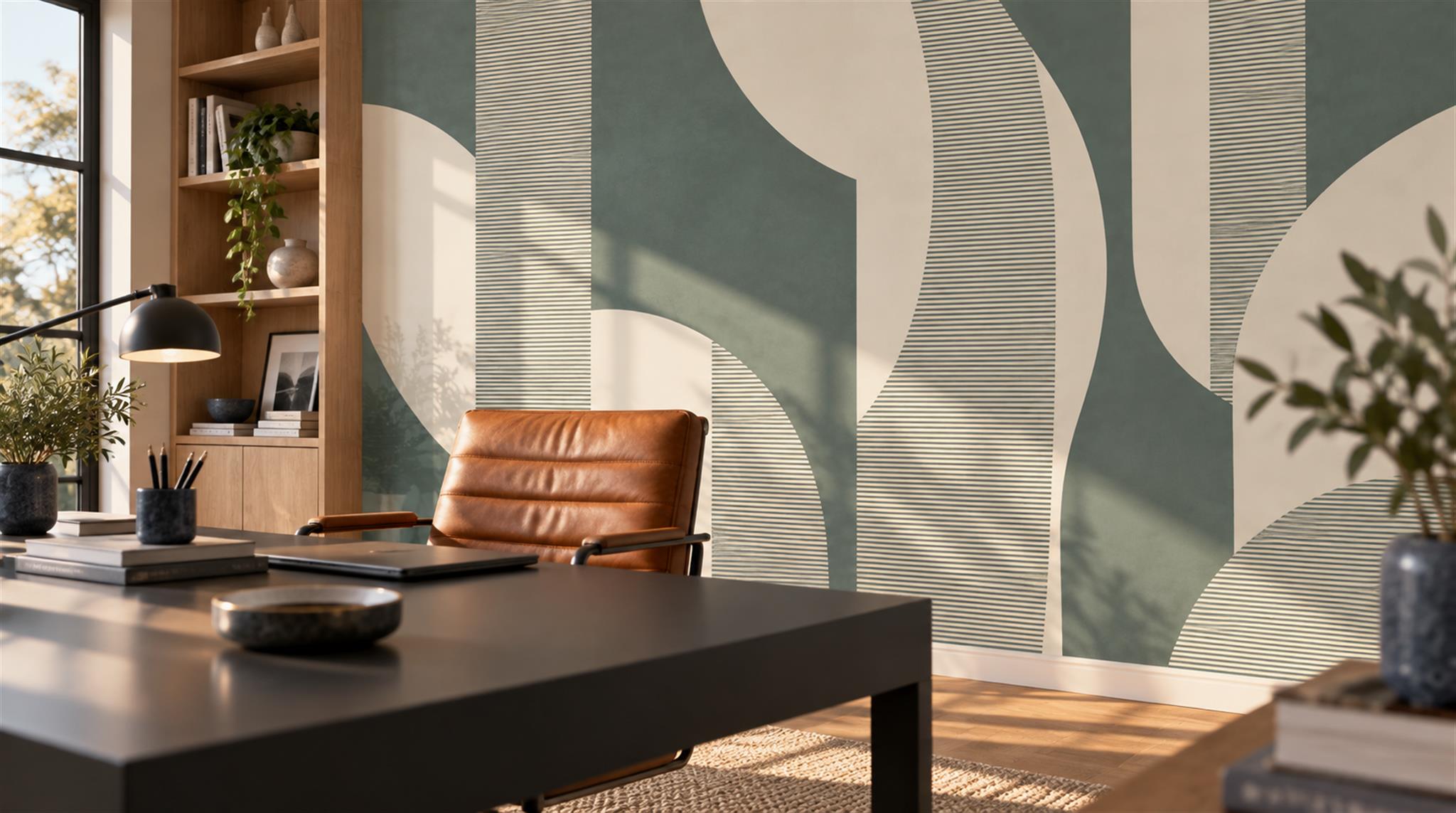 Red And Neutral Abstract Forms Decorative Wallpaper Mural Office-wallpaper-murals, Shown In A Home Office, Peel-and-stick Finish