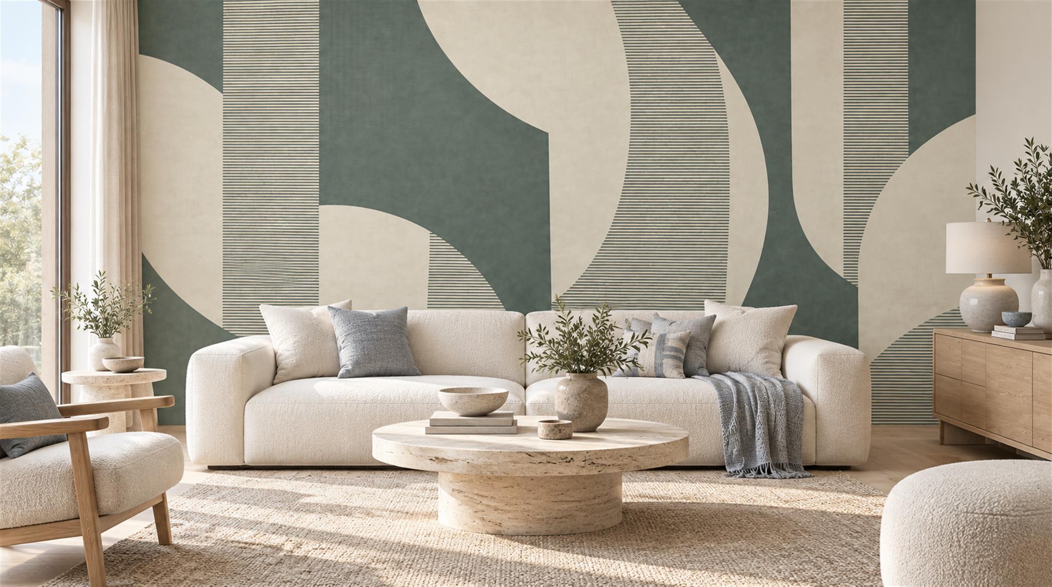Red And Neutral Abstract Forms Decorative Wallpaper Mural Living-room-wallpaper-murals, Shown In A Living Room, Peel-and-stick Finish