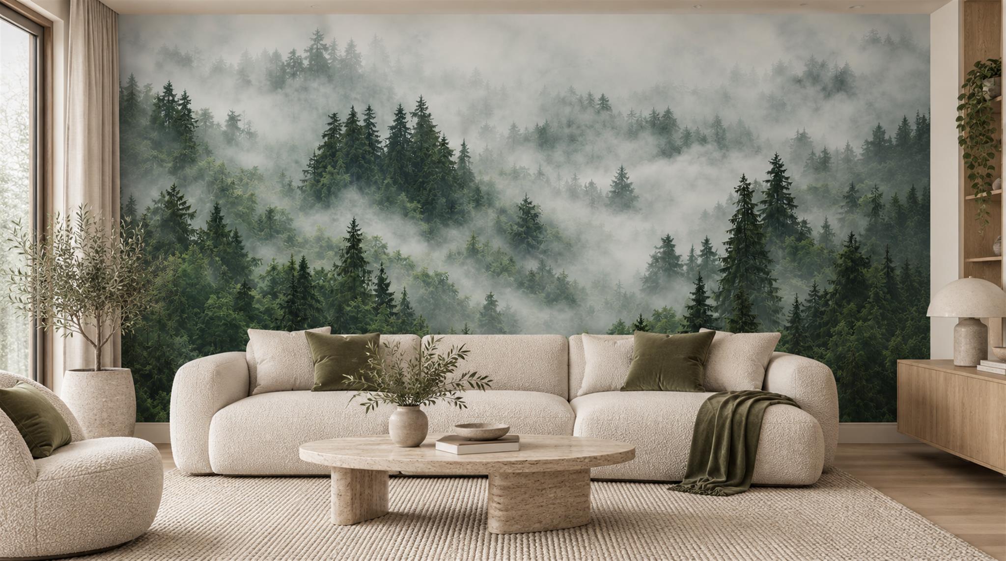 Green And Neutral Woodland Trees Forest Wallpaper Mural Living-room-wallpaper-murals, Shown In A Living Room, Peel-and-stick Finish