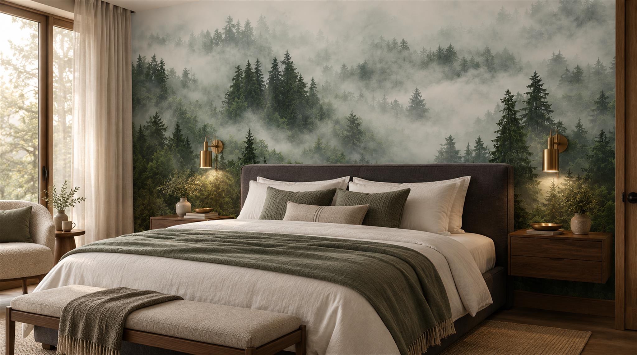 Green And Neutral Woodland Trees Forest Wallpaper Mural Accent-wall-wallpaper-murals, Peel-and-stick Finish