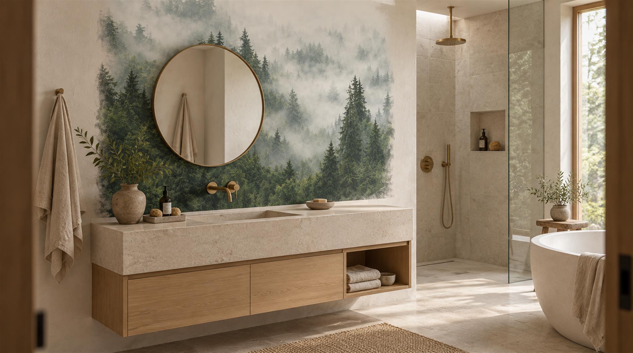 Green And Neutral Woodland Trees Forest Wallpaper Mural Spa-wallpaper-murals, Peel-and-stick Finish