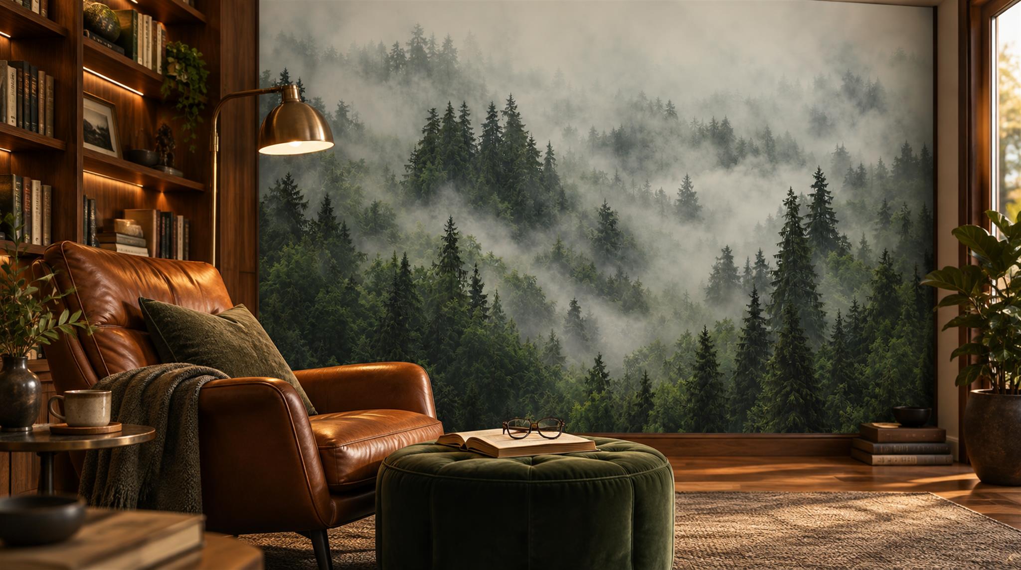 Green And Neutral Woodland Trees Forest Wallpaper Mural, Peel-and-stick Finish