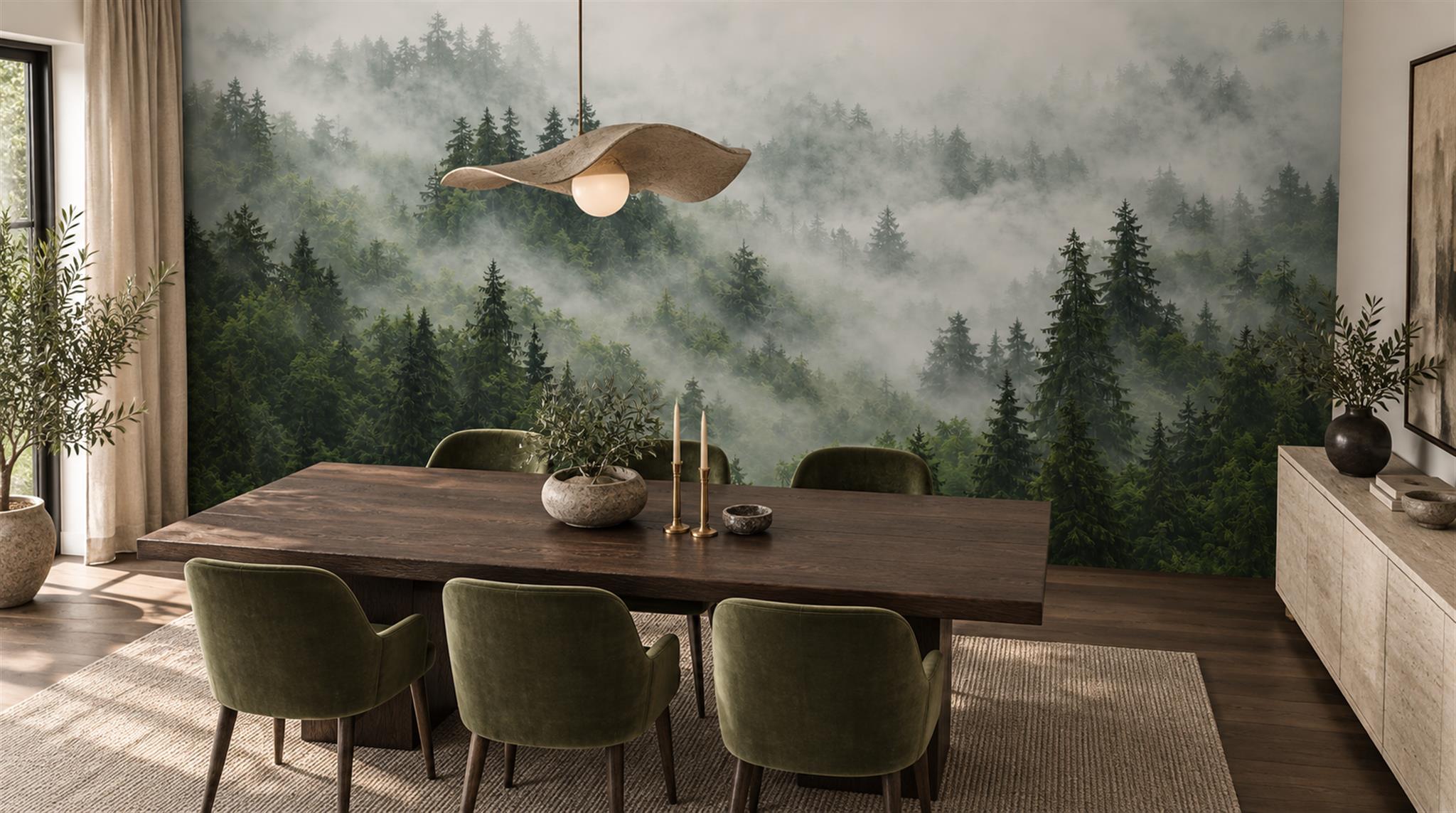 Green And Neutral Woodland Trees Forest Wallpaper Mural Spa-wallpaper-murals, Peel-and-stick Finish