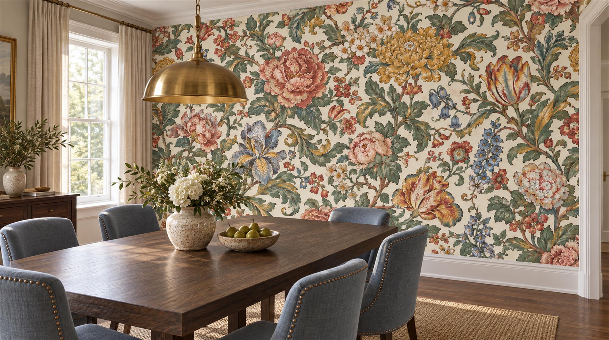 Cream And Neutral Abstract Forms Decorative Wallpaper Mural Dining-room-wallpaper-murals, Shown In A Dining Room, Peel-and-stick Finish