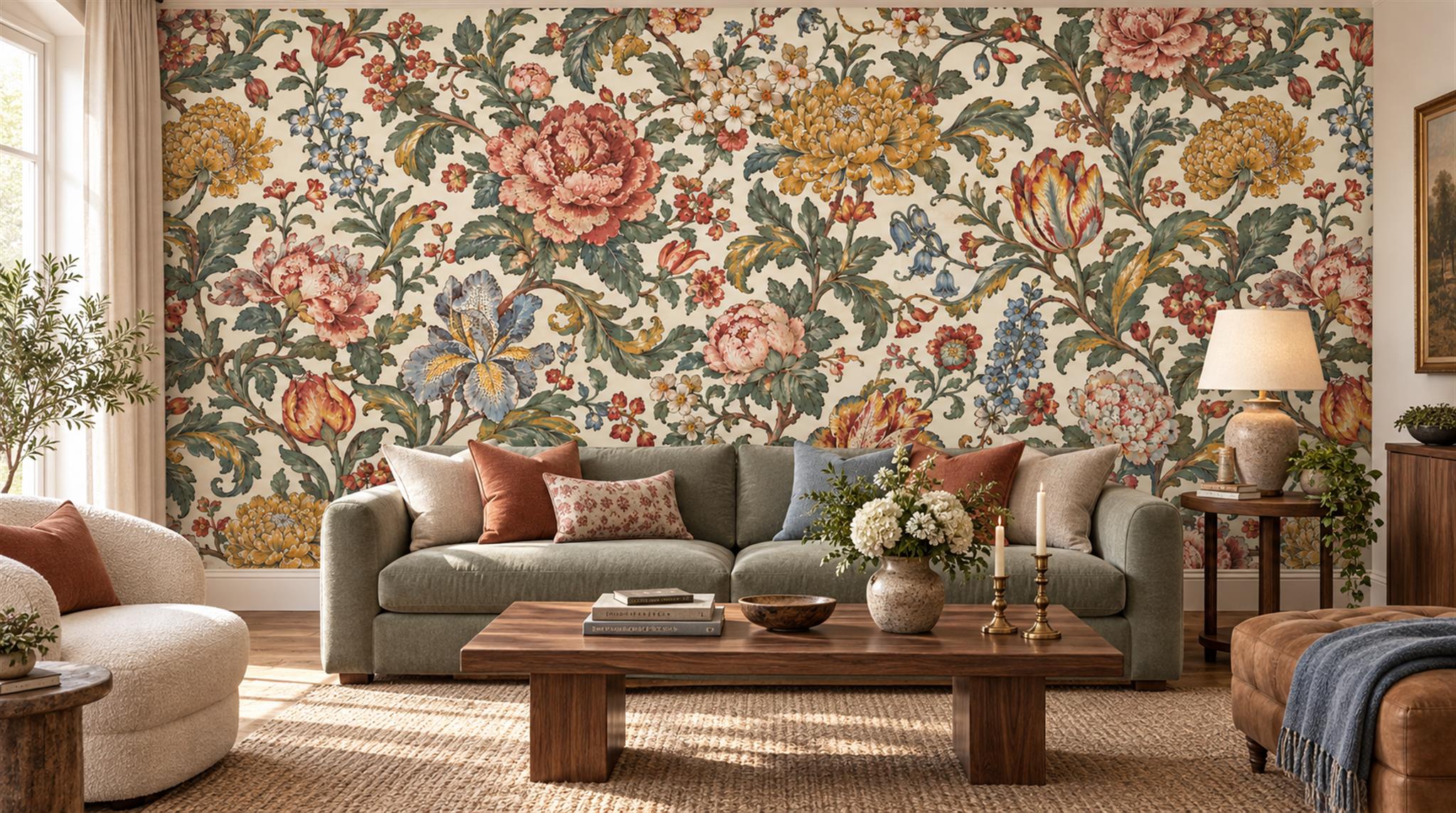 Cream And Neutral Abstract Forms Decorative Wallpaper Mural Living-room-wallpaper-murals, Shown In A Living Room, Peel-and-stick Finish