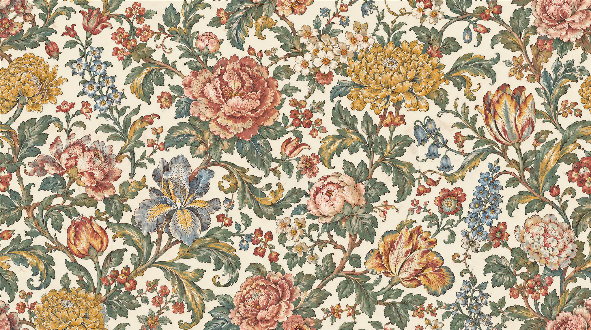 Vintage Peonies And Garden Flowers Wallpaper Mural — Wallpaper Mural Design, Peel-and-stick Finish