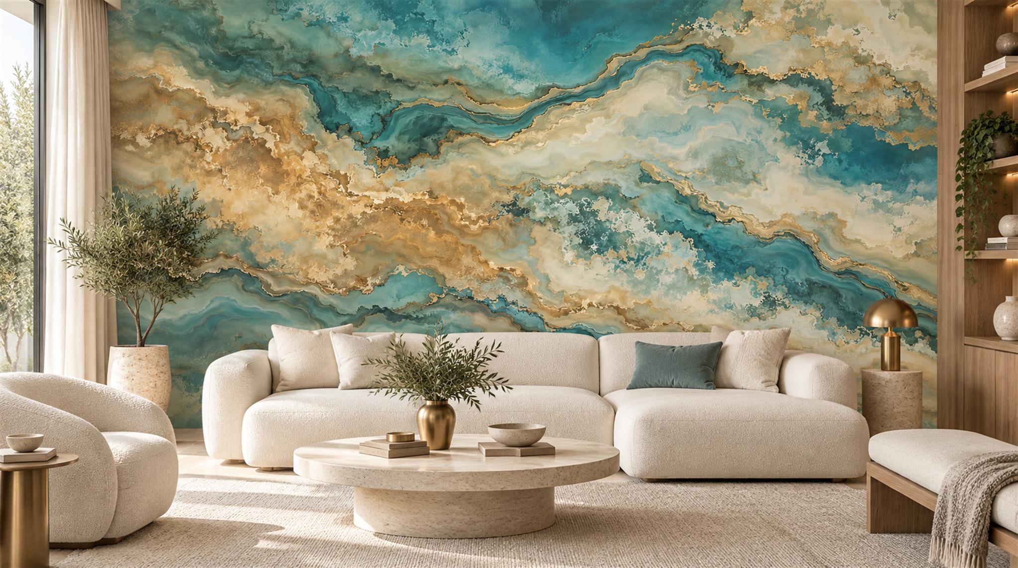 Teal And Neutral Marble Veining Wallpaper Mural Living-room-wallpaper-murals, Peel-and-stick Finish