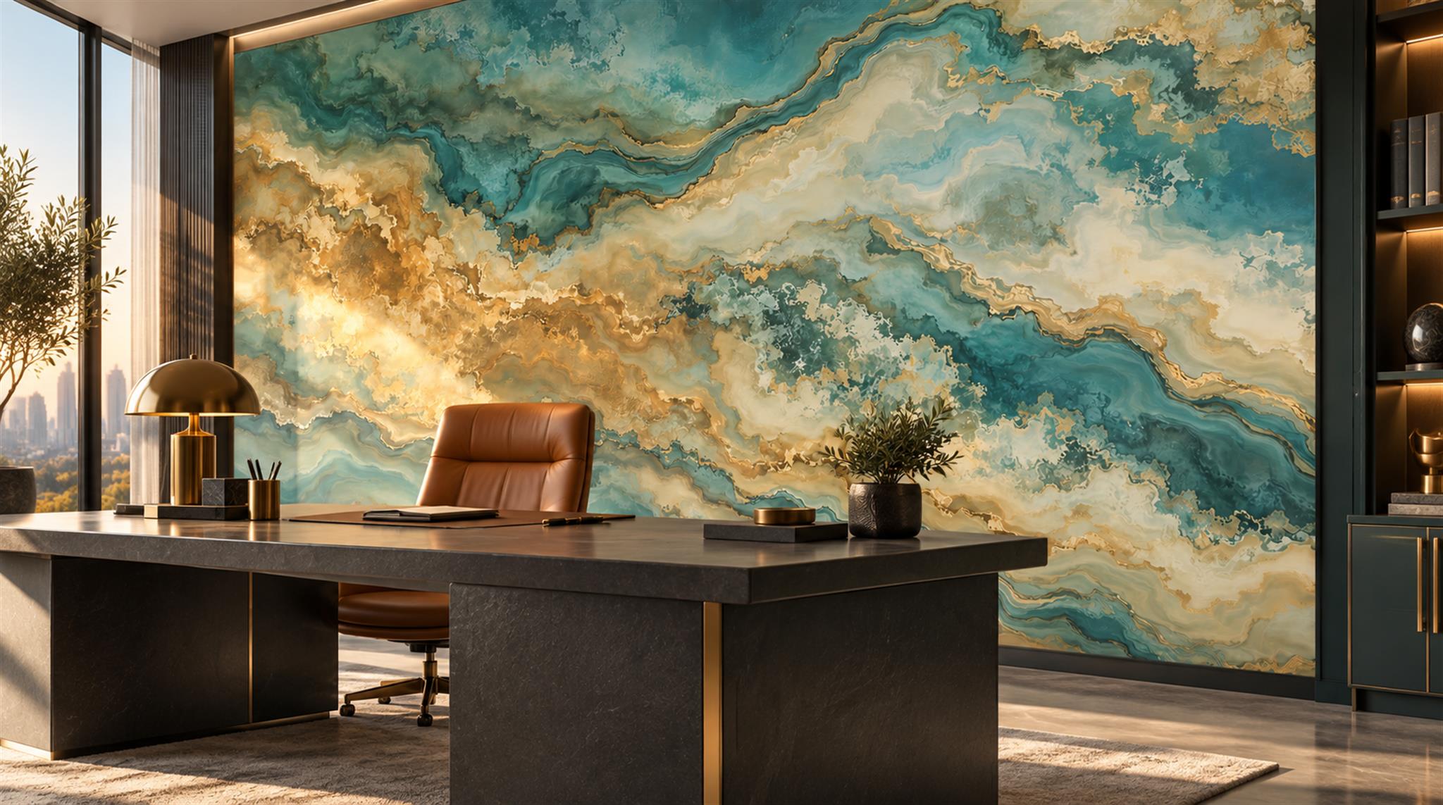 Teal And Neutral Marble Veining Wallpaper Mural Office-wallpaper-murals, Shown In A Home Office, Peel-and-stick Finish