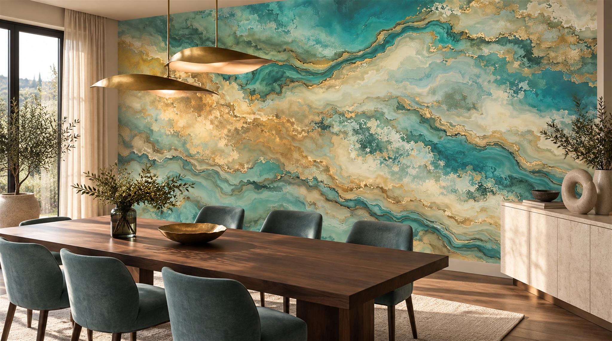 Teal And Neutral Marble Veining Wallpaper Mural Dining-room-wallpaper-murals, Shown In A Dining Room, Peel-and-stick Finish