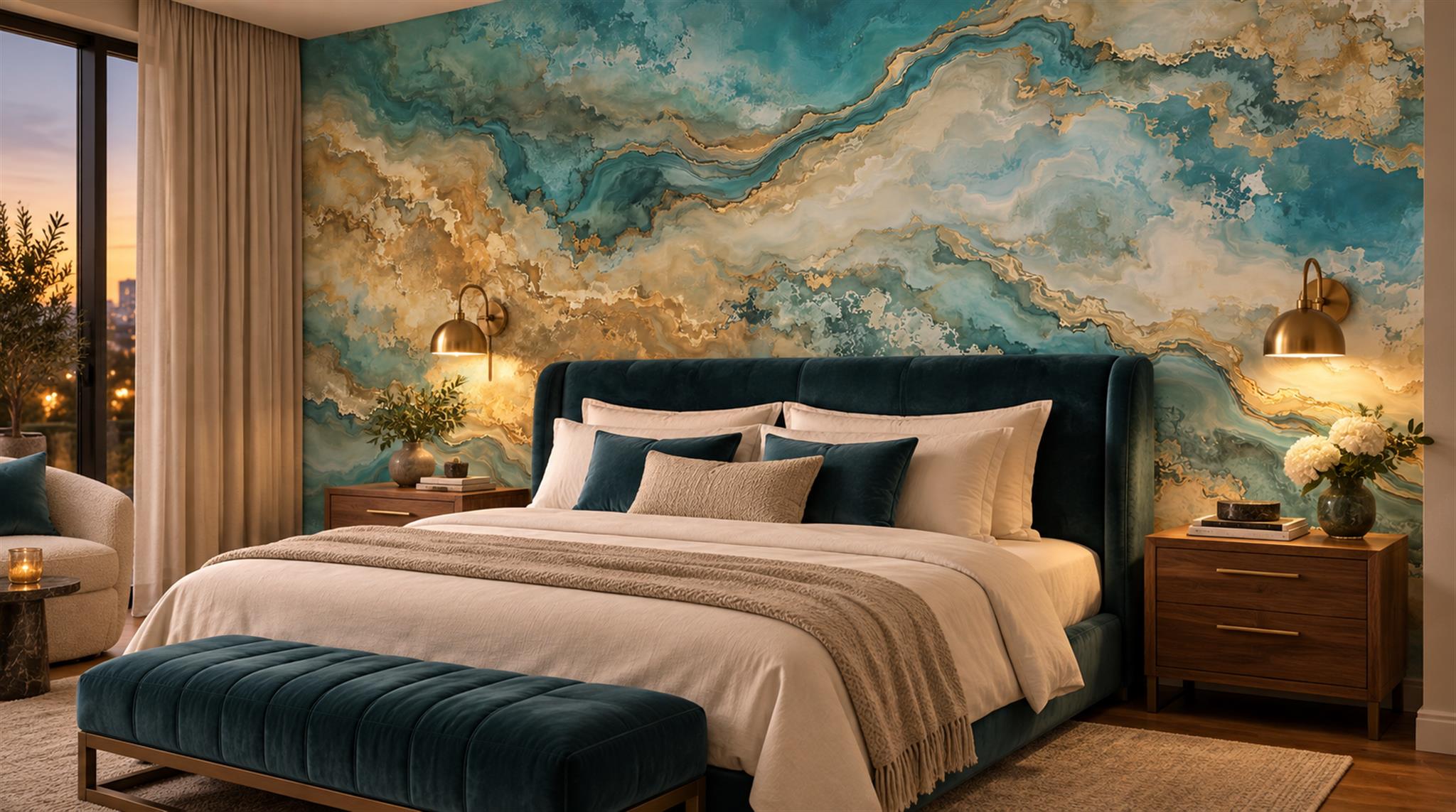 Teal And Neutral Marble Veining Wallpaper Mural Accent-wall-wallpaper-murals, Peel-and-stick Finish