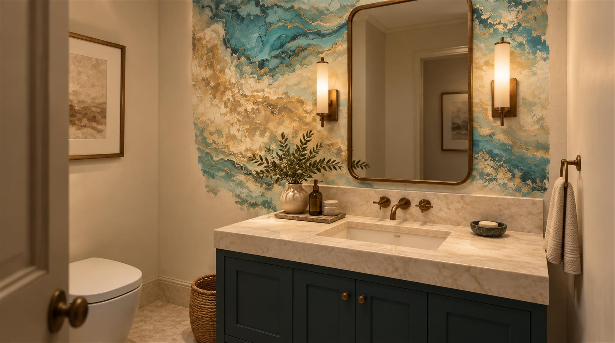 Teal And Neutral Marble Veining Wallpaper Mural Living-room-wallpaper-murals, Peel-and-stick Finish