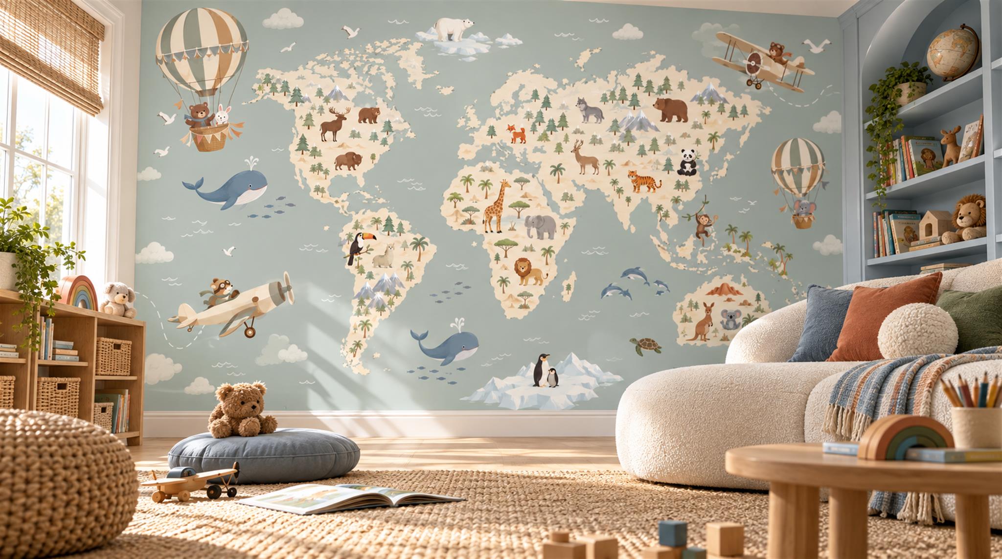 Blue And Neutral Abstract Forms Map Wallpaper Mural Accent-wall-wallpaper-murals, Peel-and-stick Finish