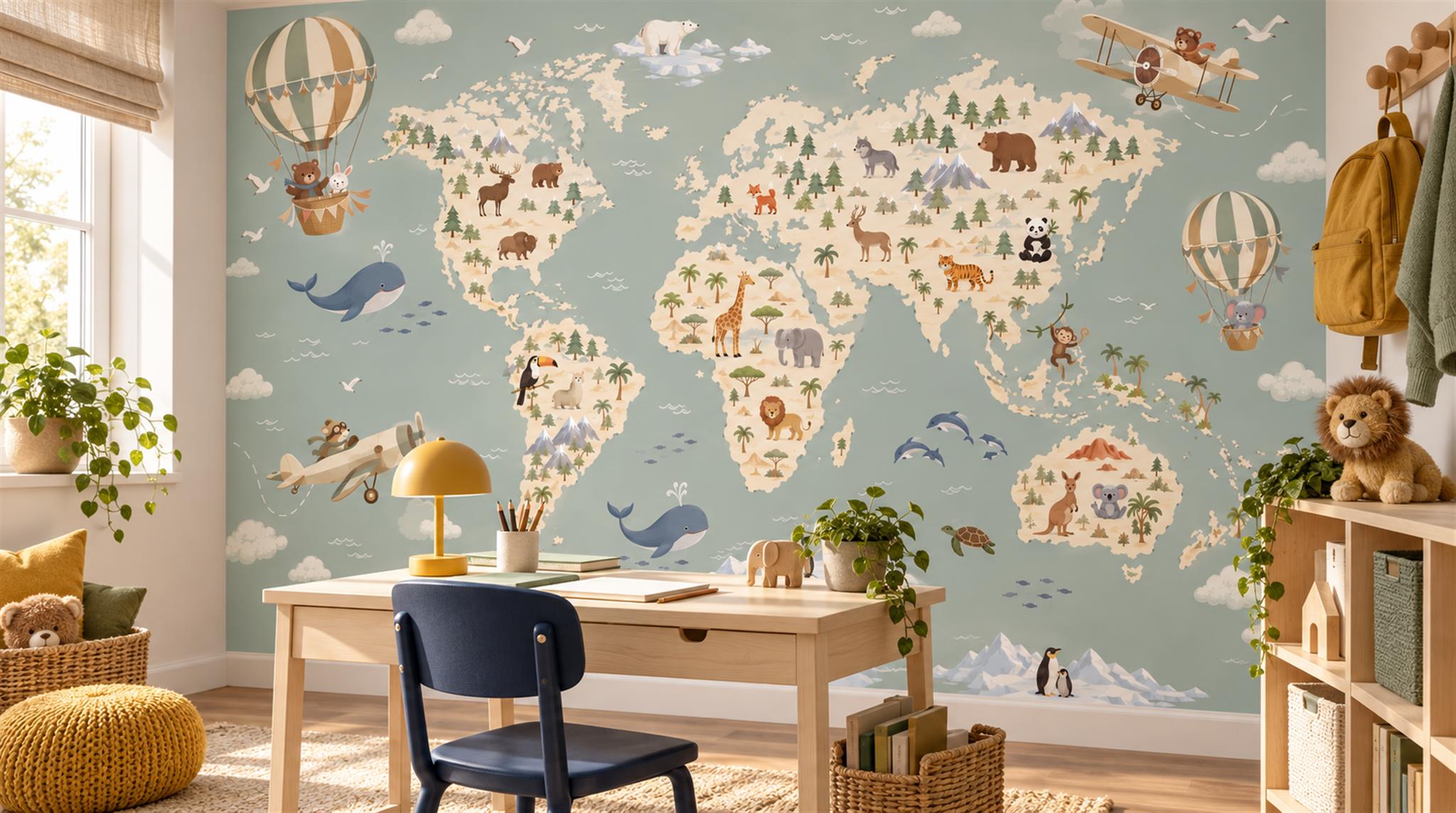 Blue And Neutral Abstract Forms Map Wallpaper Mural Kids-room-wallpaper-murals, Peel-and-stick Finish