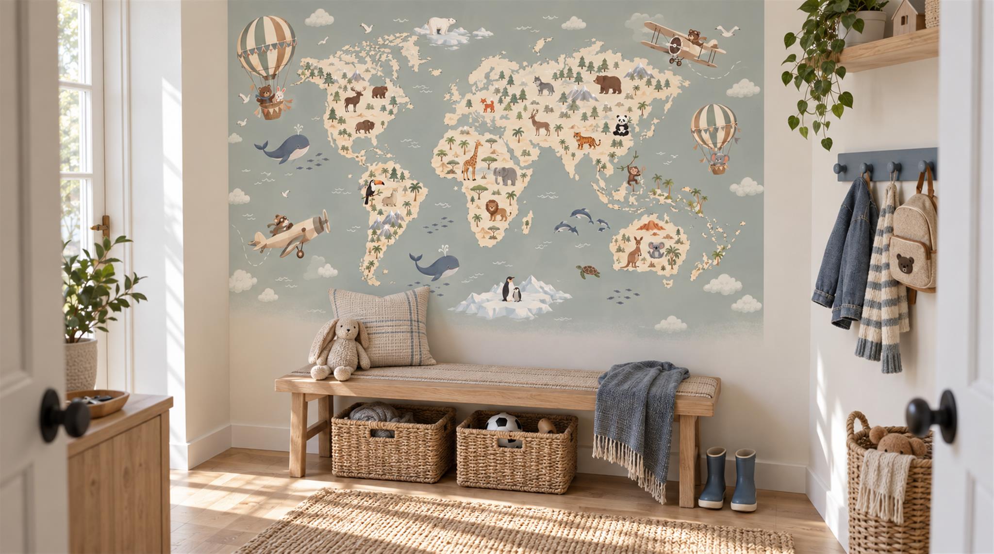 Blue And Neutral Abstract Forms Map Wallpaper Mural Entryway-wallpaper-murals, Peel-and-stick Finish