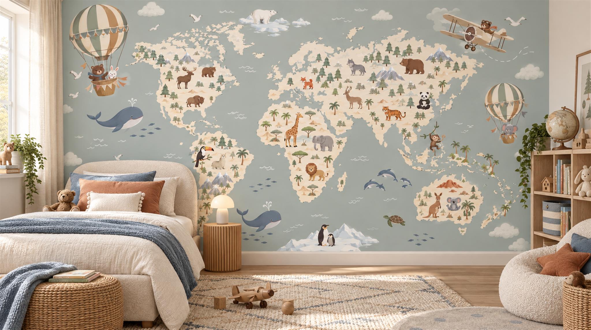 Blue And Neutral Abstract Forms Map Wallpaper Mural Feature-wall-wallpaper-murals, Peel-and-stick Finish