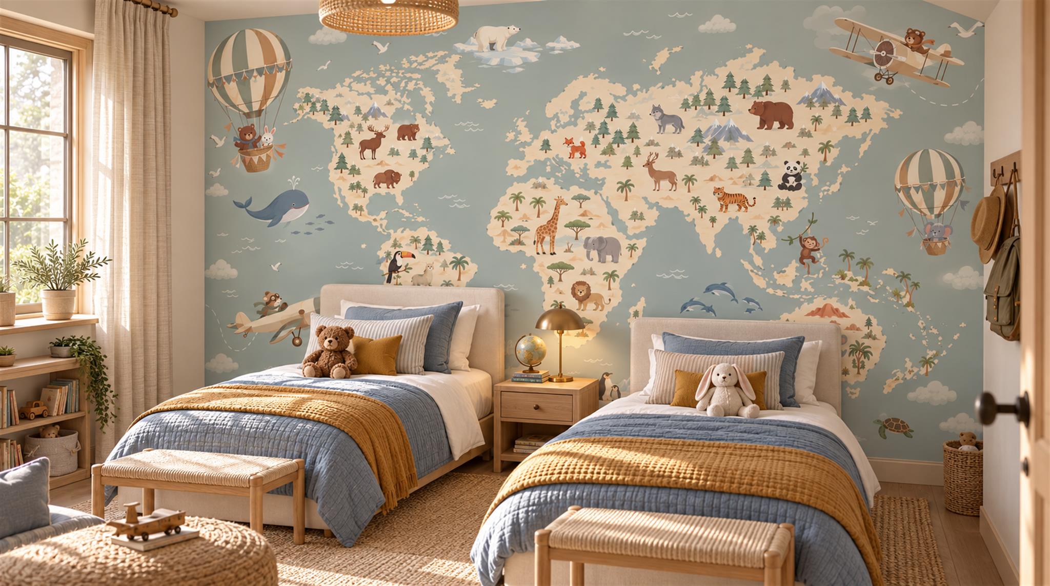Blue And Neutral Abstract Forms Map Wallpaper Mural Feature-wall-wallpaper-murals, Peel-and-stick Finish