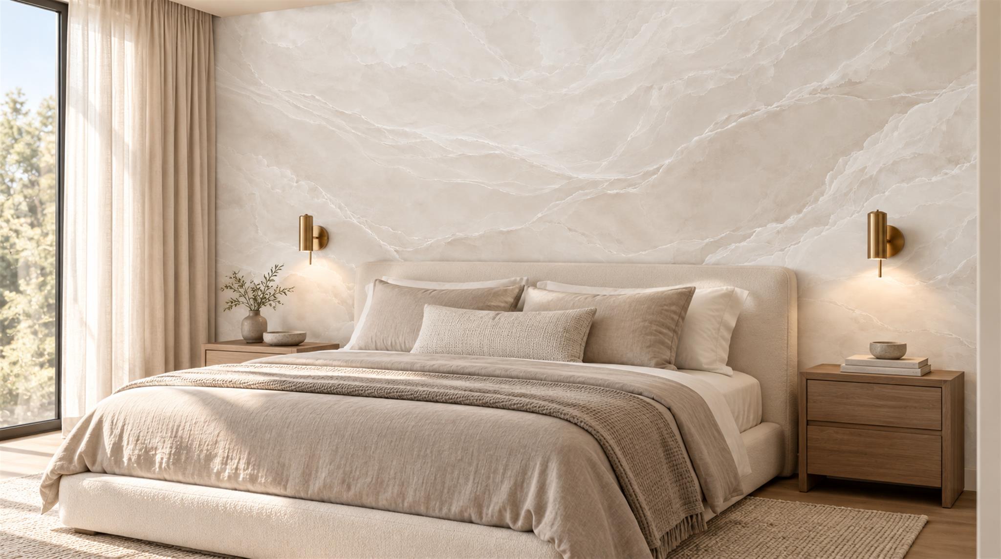 Ivory And Neutral Marble Veining Wallpaper Mural Accent-wall-wallpaper-murals, Peel-and-stick Finish