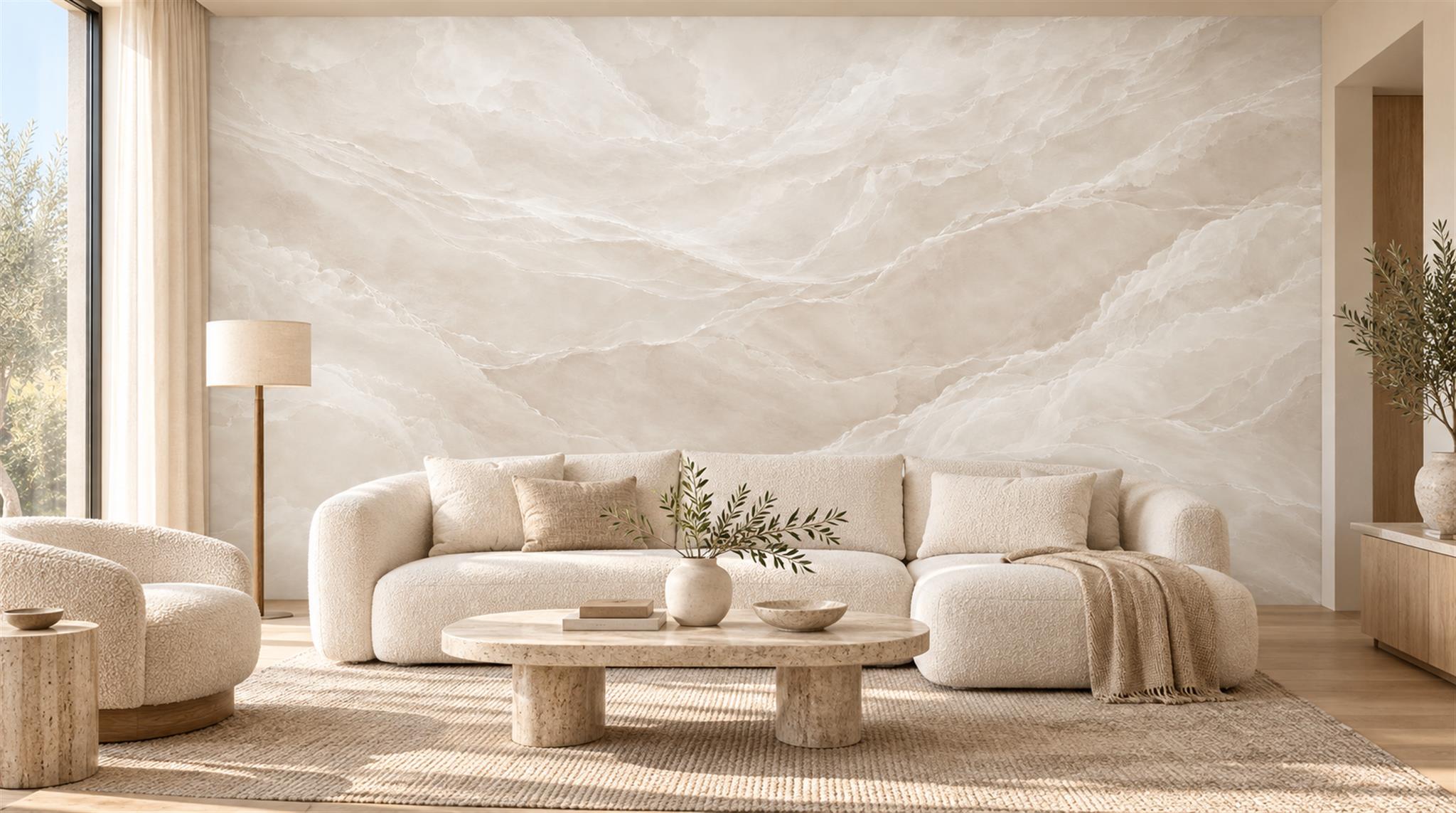 Ivory And Neutral Marble Veining Wallpaper Mural Living-room-wallpaper-murals, Peel-and-stick Finish