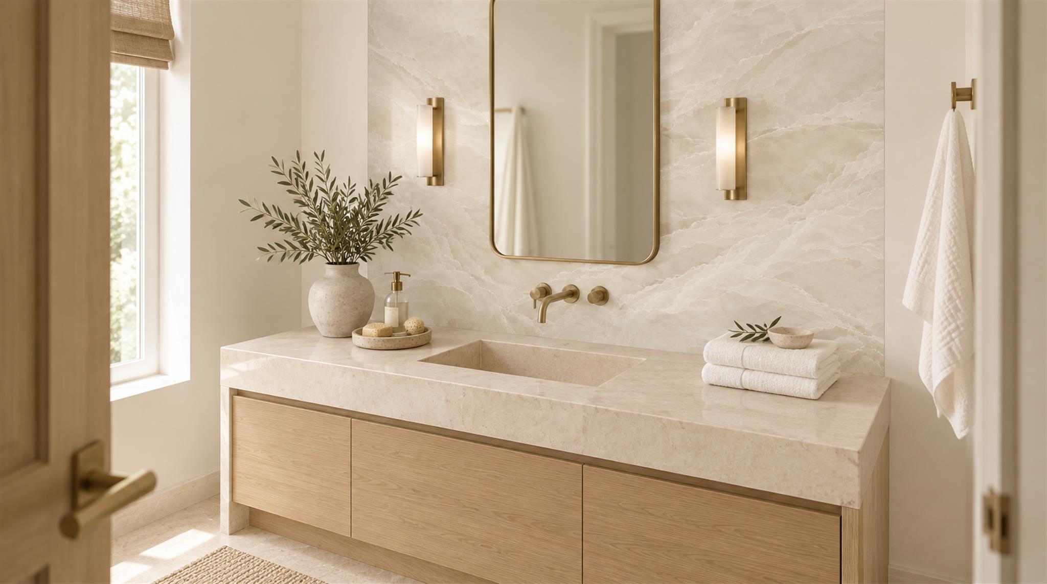 Ivory And Neutral Marble Veining Wallpaper Mural Powder-room-wallpaper-murals, Peel-and-stick Finish
