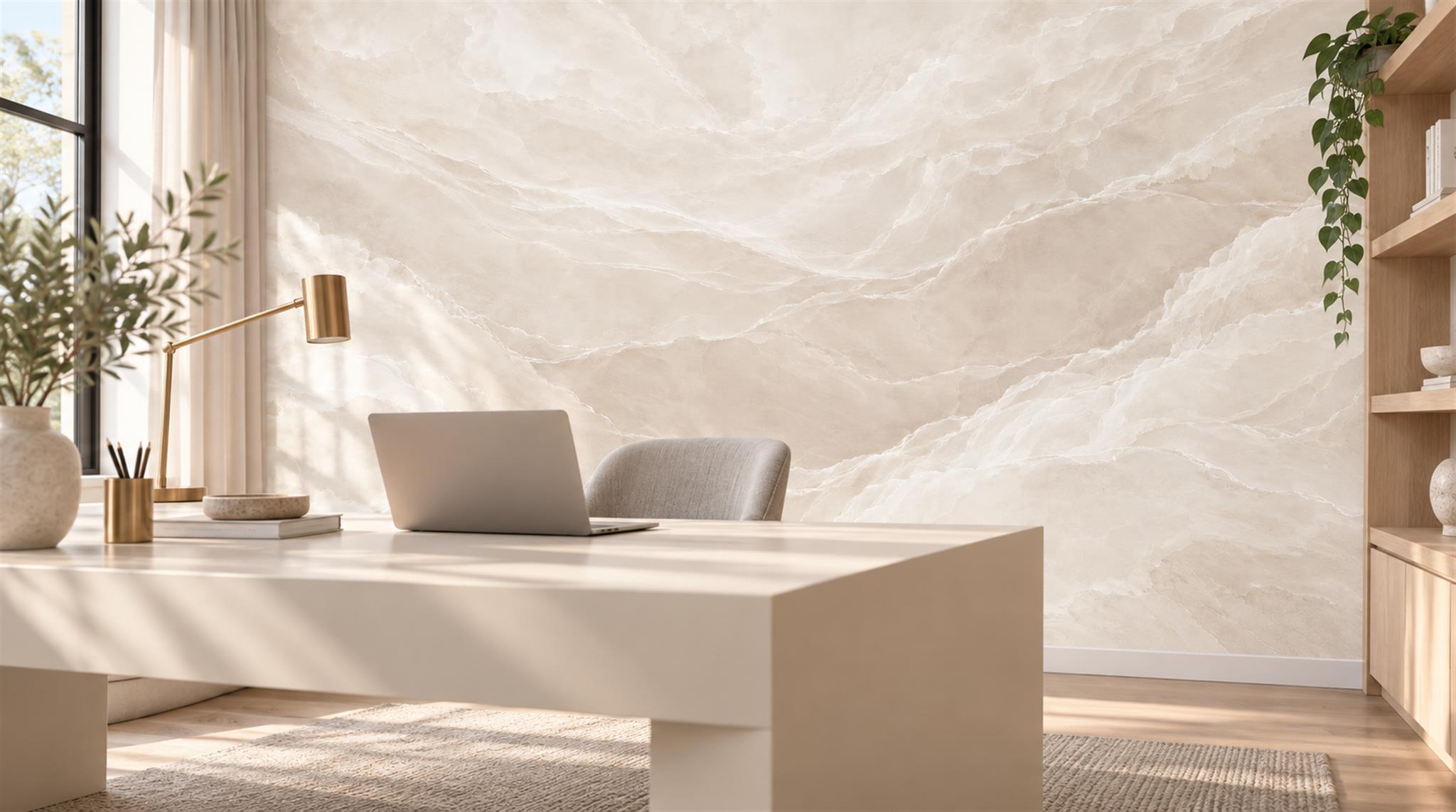 Ivory And Neutral Marble Veining Wallpaper Mural Office-wallpaper-murals, Shown In A Home Office, Peel-and-stick Finish