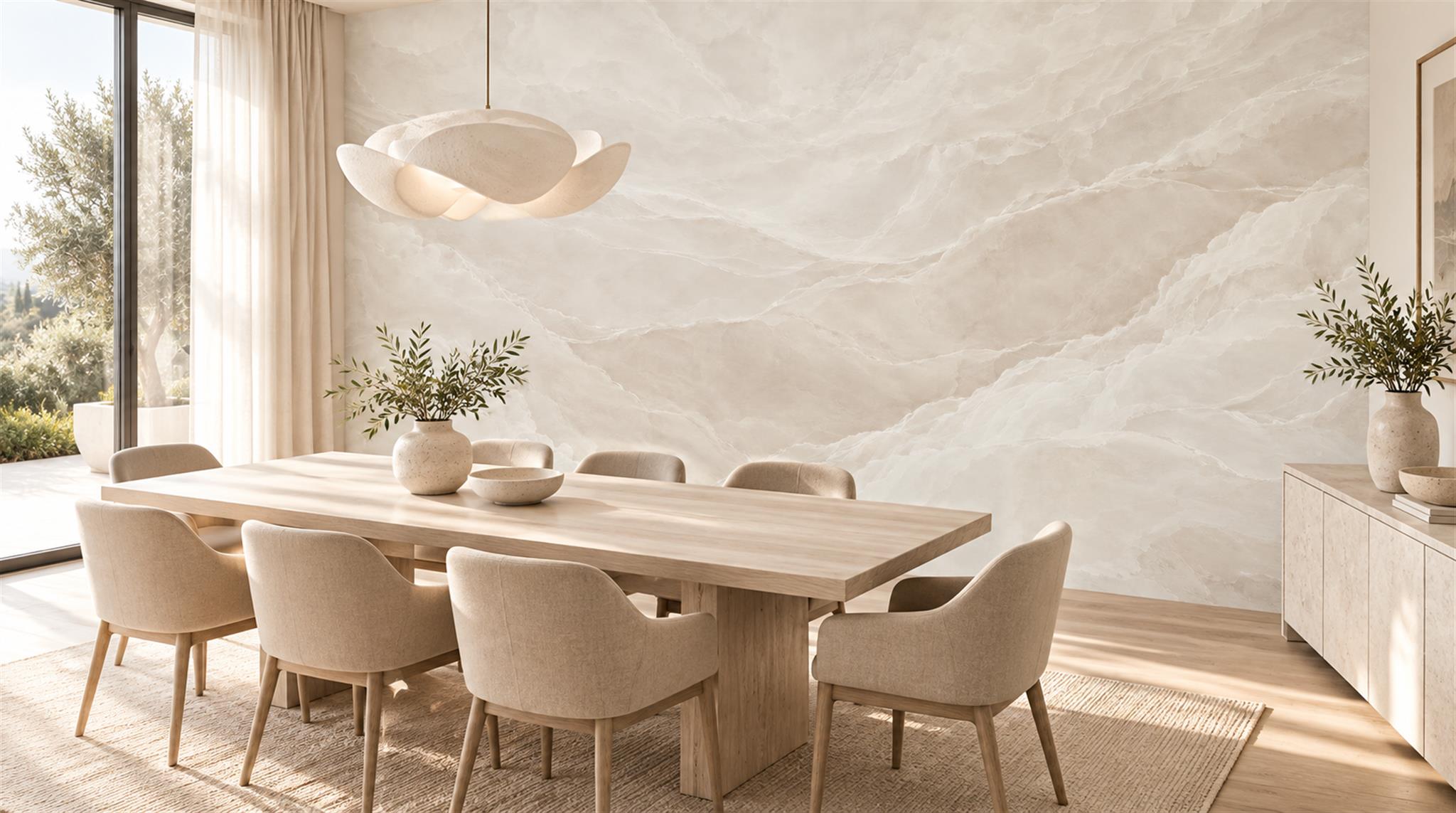 Ivory And Neutral Marble Veining Wallpaper Mural Living-room-wallpaper-murals, Peel-and-stick Finish