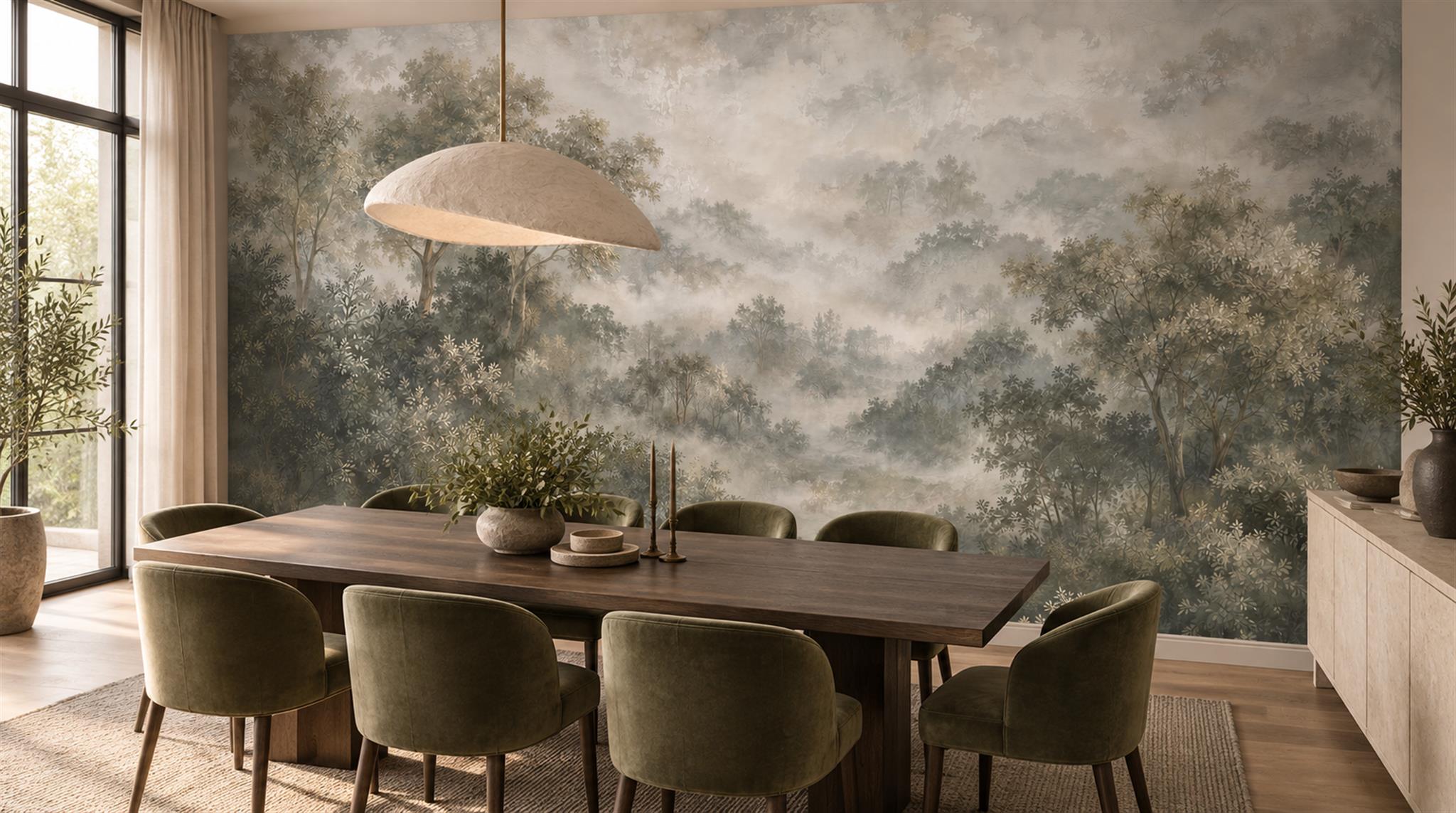 Grey And Neutral Abstract Forms Wallpaper Mural Dining-room-wallpaper-murals, Shown In A Dining Room, Peel-and-stick Finish