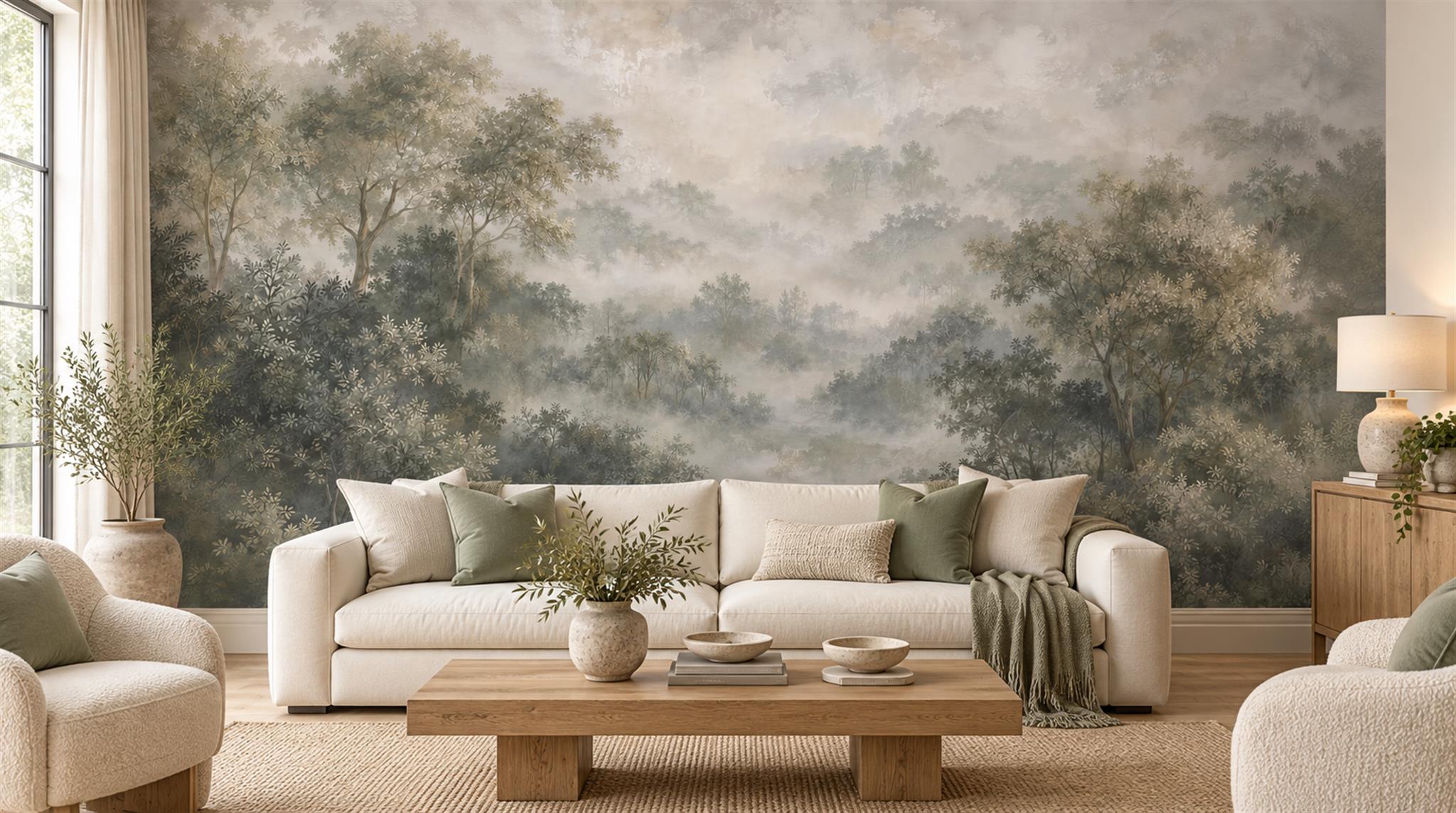 Misty Grey Woodland Forest Wallpaper Mural — Wallpaper Mural Design, Peel-and-stick Finish