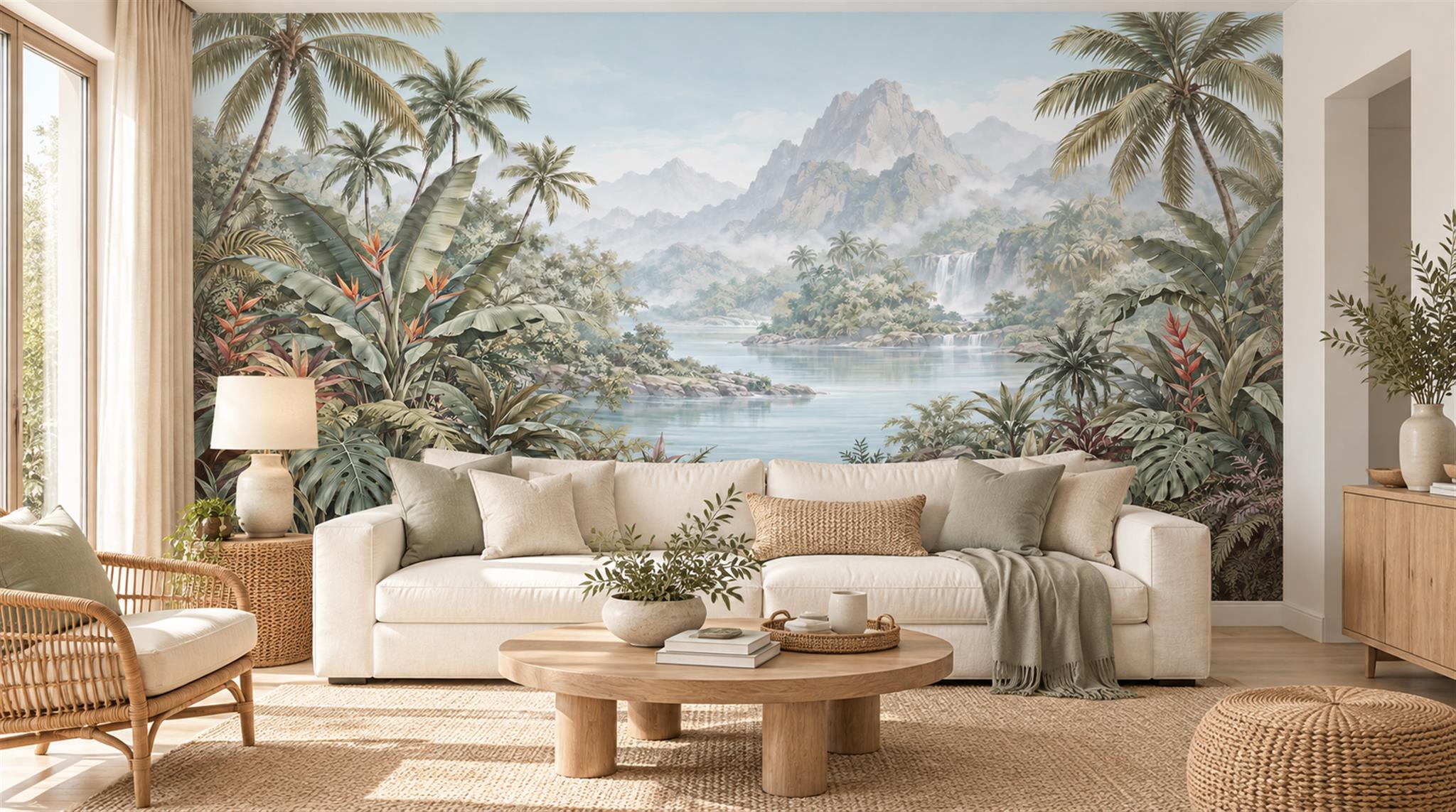 Sage Green And Neutral Abstract Forms Wallpaper Painterly Wallpaper Living-room-wallpaper-murals, Shown In A Living Room, Peel-and-stick Finish