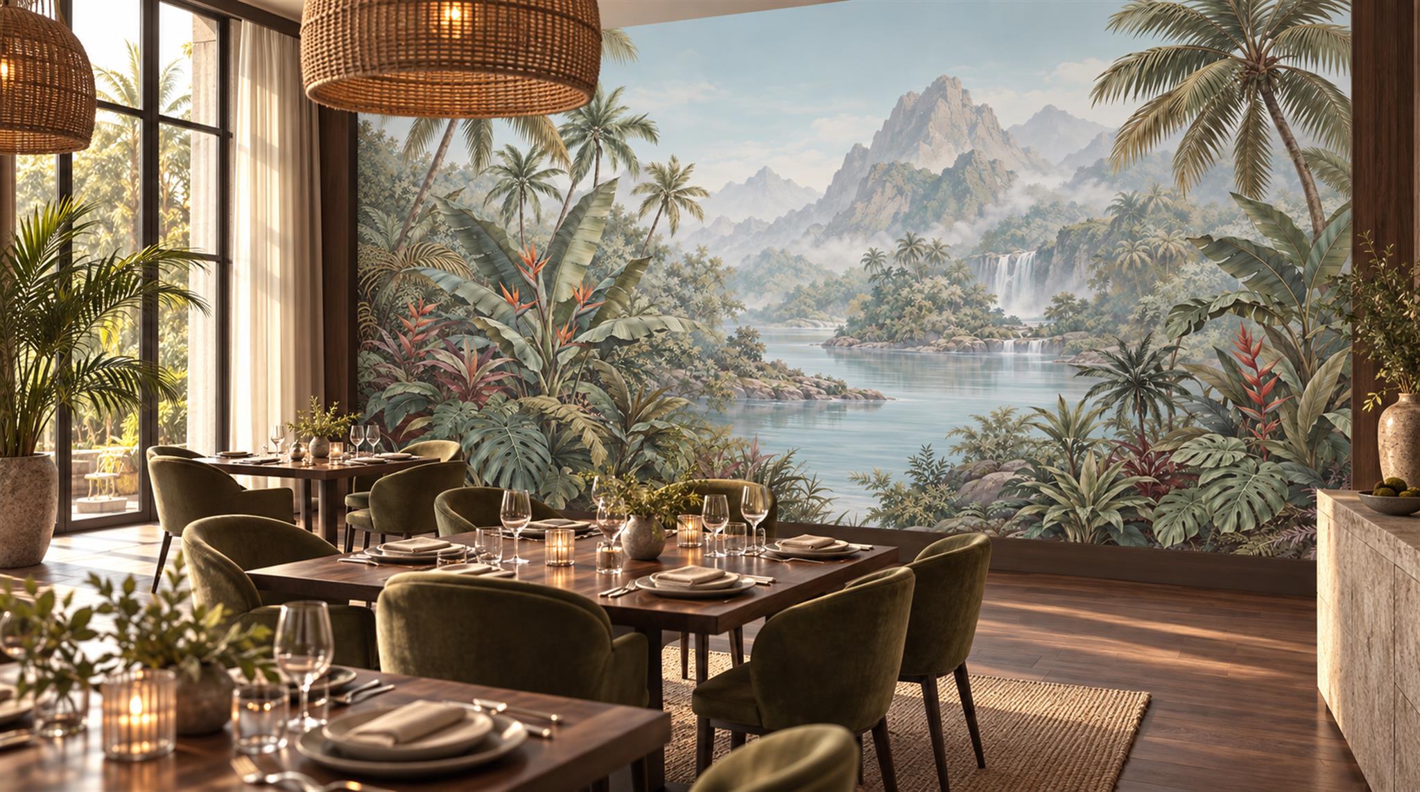 Tropical Palms, Waterfall And Mountain Lake Wallpaper Mural — Wallpaper Mural Design, Peel-and-stick Finish