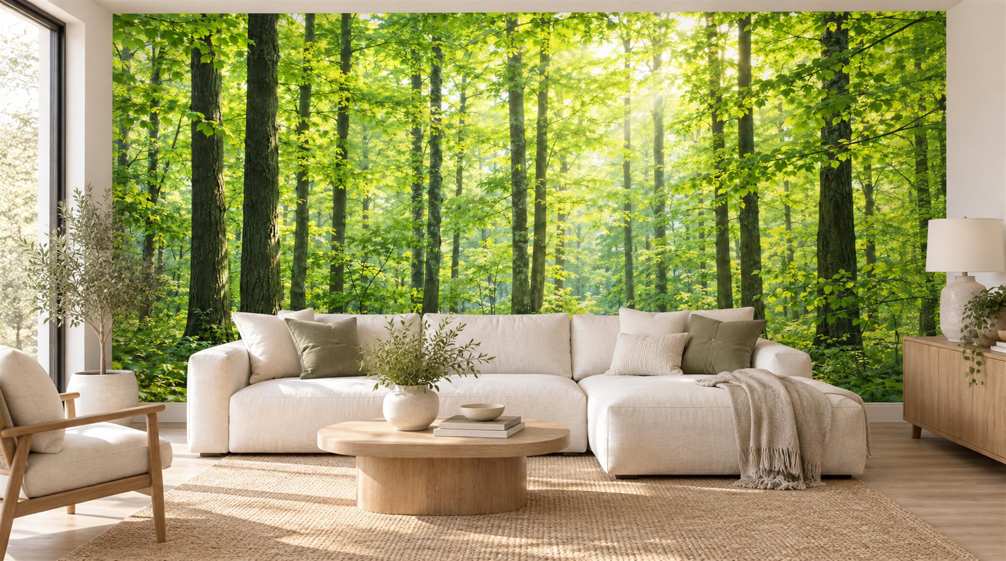 Green And Neutral Woodland Trees Decorative Wallpaper Mural Living-room-wallpaper-murals, Shown In A Living Room, Peel-and-stick Finish