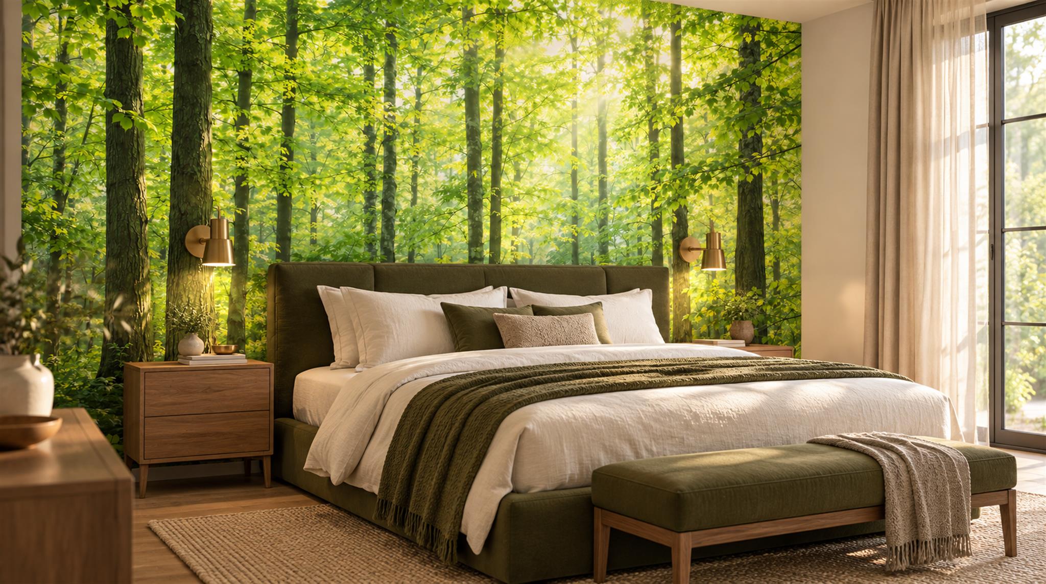 Green And Neutral Woodland Trees Decorative Wallpaper Mural Accent-wall-wallpaper-murals, Peel-and-stick Finish