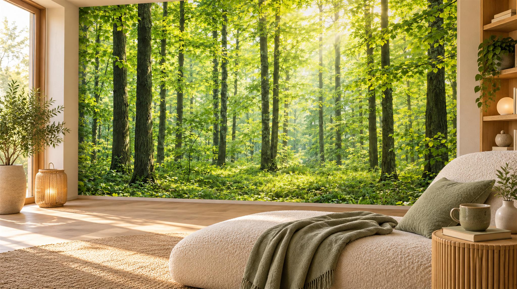Green And Neutral Woodland Trees Decorative Wallpaper Mural Dining-room-wallpaper-murals, Peel-and-stick Finish