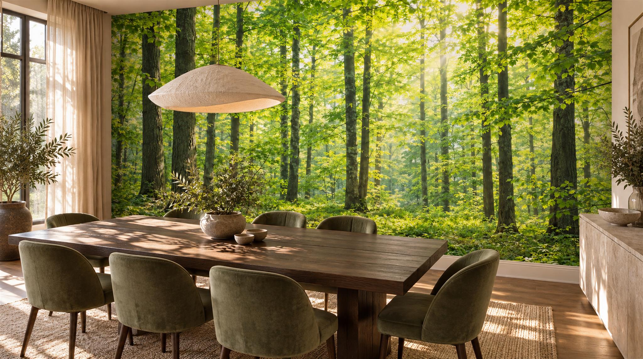 Sunlit Green Forest Path Wallpaper Mural — Wallpaper Mural Design, Peel-and-stick Finish