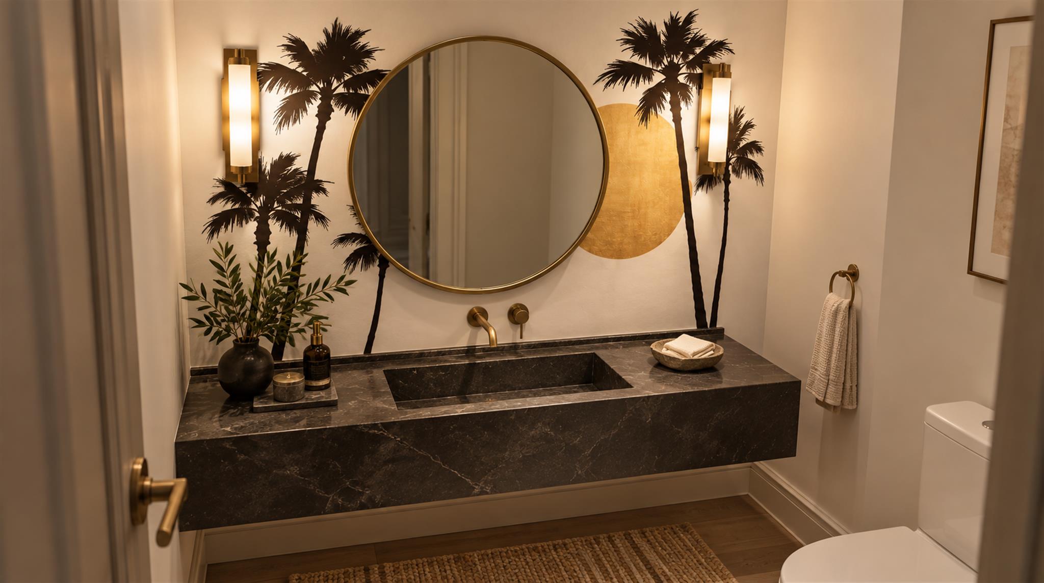 Cream And Neutral Palm Leaves Wallpaper Mural Accent-wall-wallpaper-murals, Peel-and-stick Finish