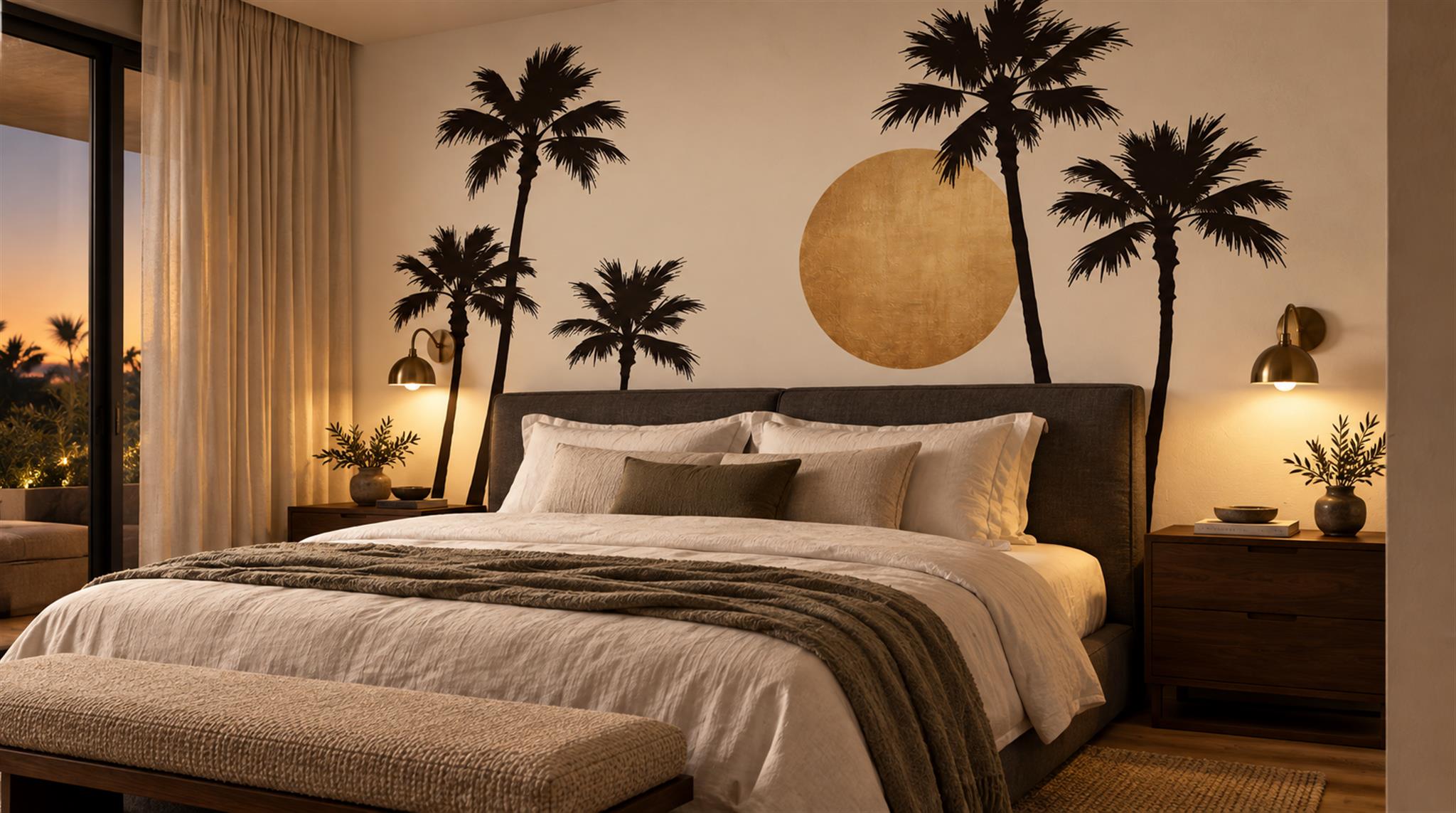 Cream And Neutral Palm Leaves Wallpaper Mural Bedroom-wallpaper-murals, Peel-and-stick Finish