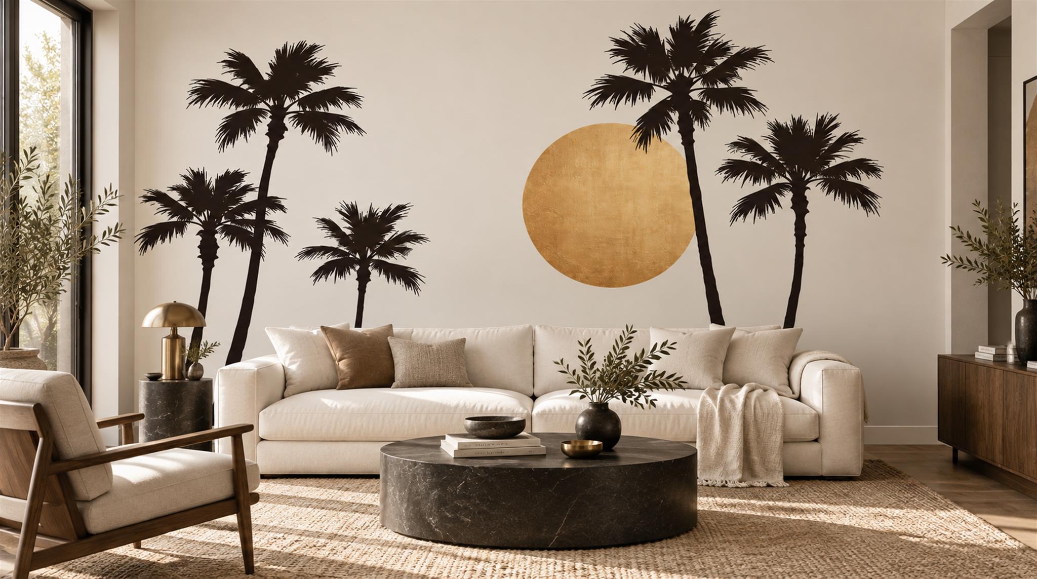Cream And Neutral Palm Leaves Wallpaper Mural Living-room-wallpaper-murals, Shown In A Living Room, Peel-and-stick Finish