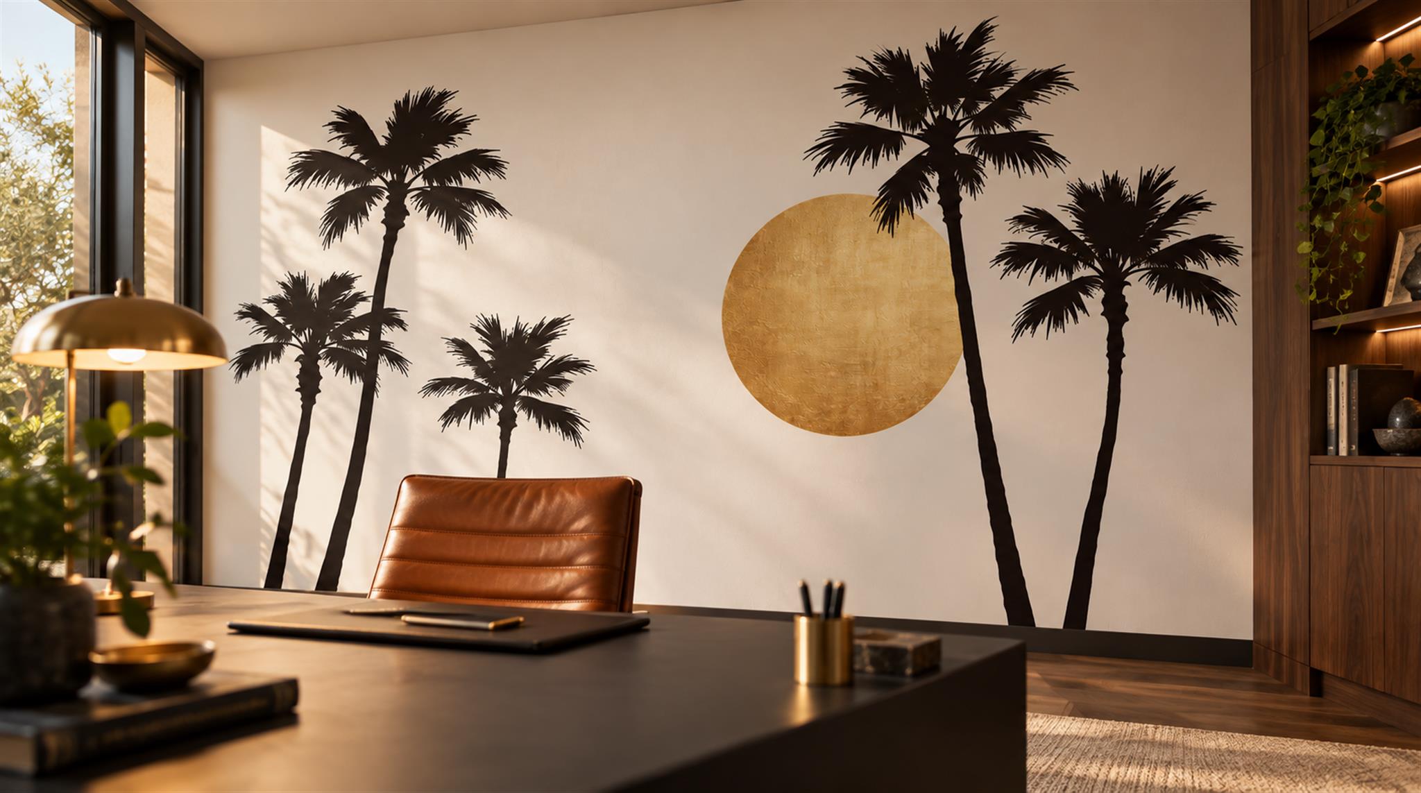 Cream And Neutral Palm Leaves Wallpaper Mural Office-wallpaper-murals, Shown In A Home Office, Peel-and-stick Finish