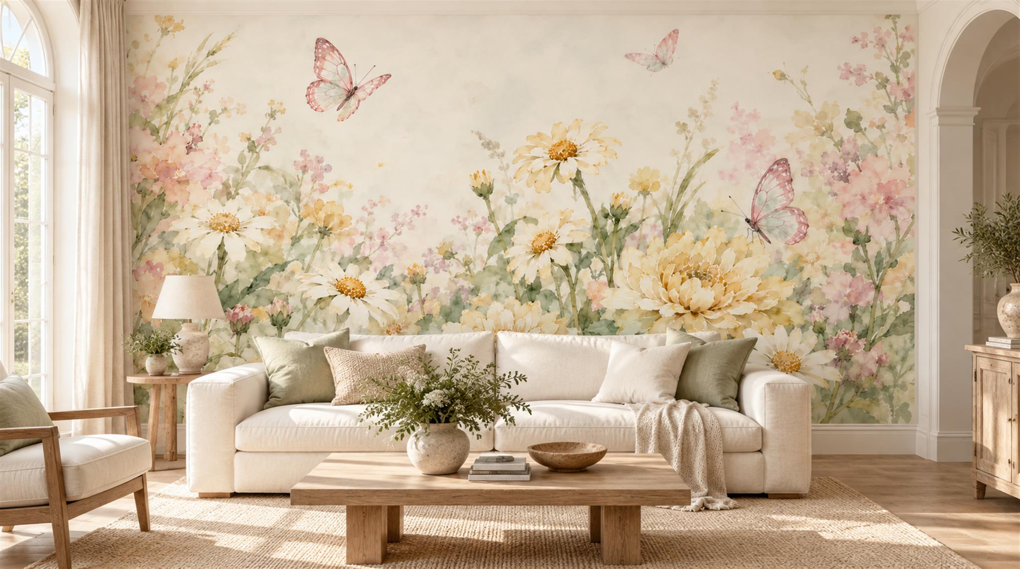 Ivory And Neutral Floral Forms Decorative Wallpaper Mural Living-room-wallpaper-murals, Shown In A Living Room, Peel-and-stick Finish