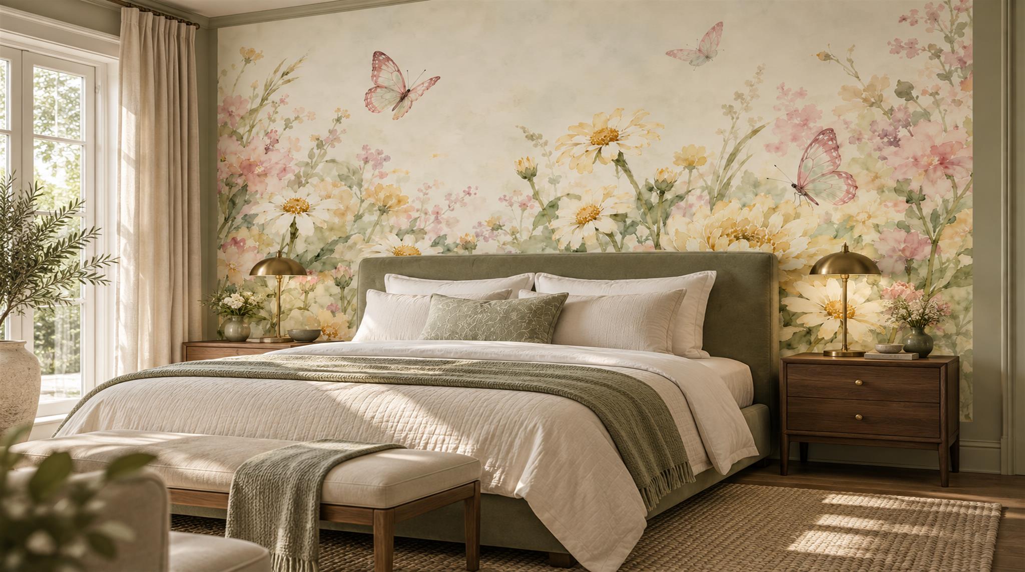 Pastel Wildflowers And Butterflies Wallpaper Mural — Wallpaper Mural Design, Peel-and-stick Finish